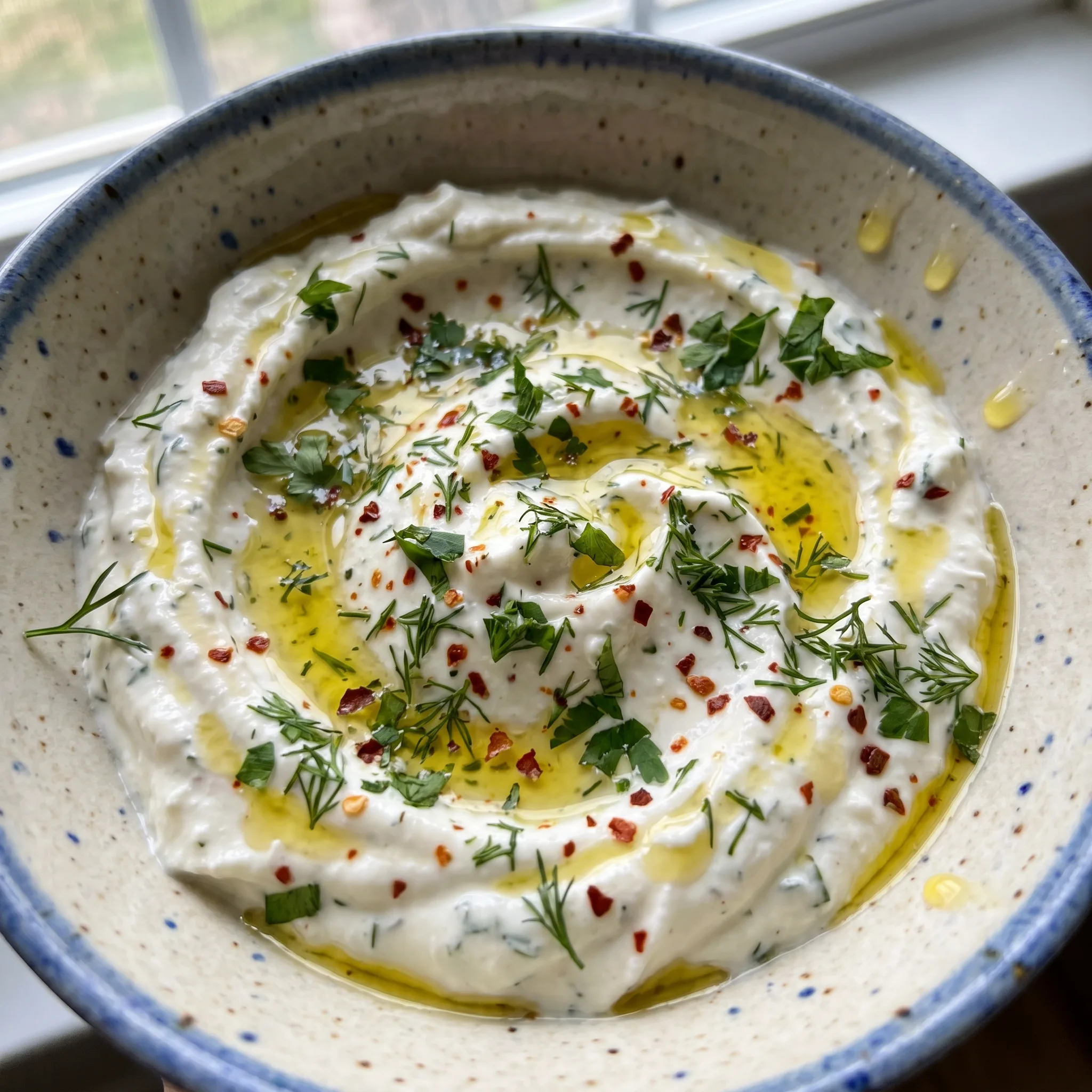 Whipped feta dip with roasted garlic, Greek yogurt, lemon, and fresh herbs, smooth and creamy in color.