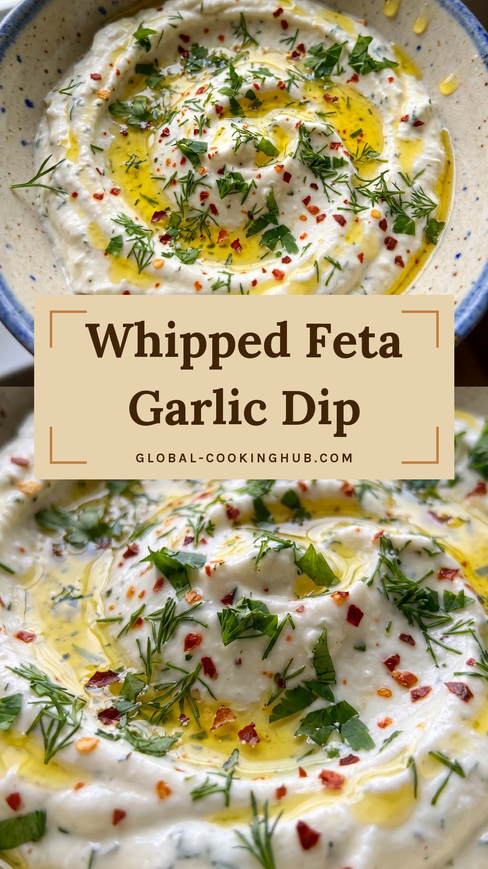 Bowl of whipped white feta dip swirled with olive oil, chili flakes and fresh herbs.