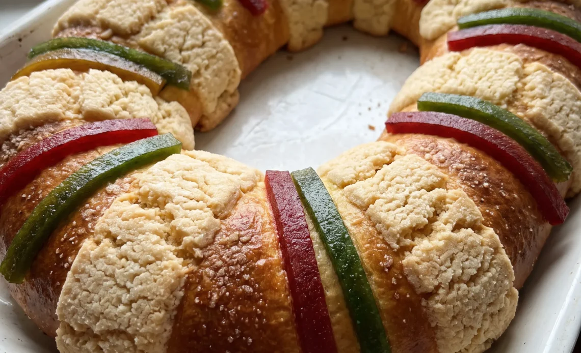 Rosca de Reyes ring bread topped with candied fruit, quince paste, figs, and orange zest in red, green, and amber tones.