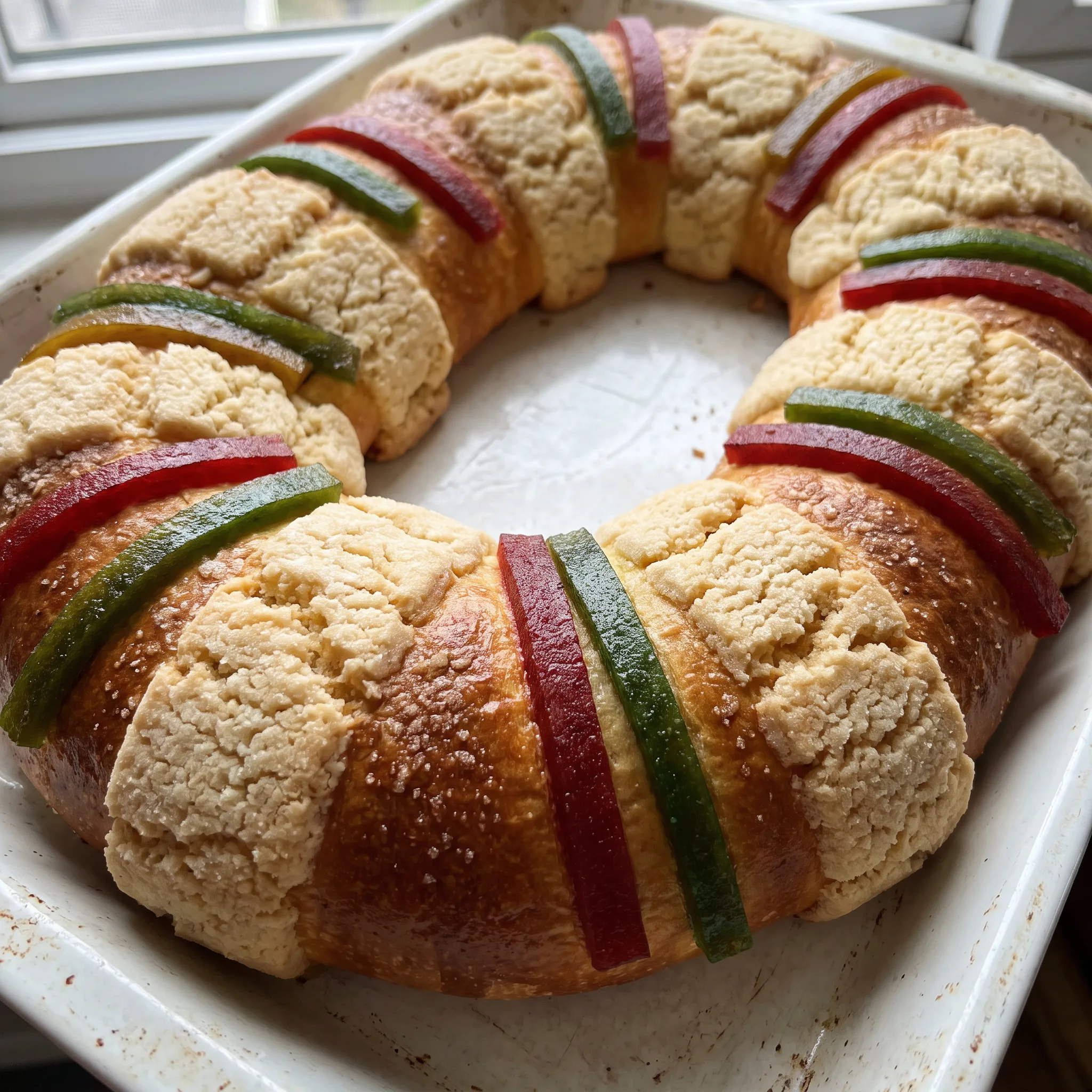 Rosca de Reyes ring bread topped with candied fruit, quince paste, figs, and orange zest in red, green, and amber tones.