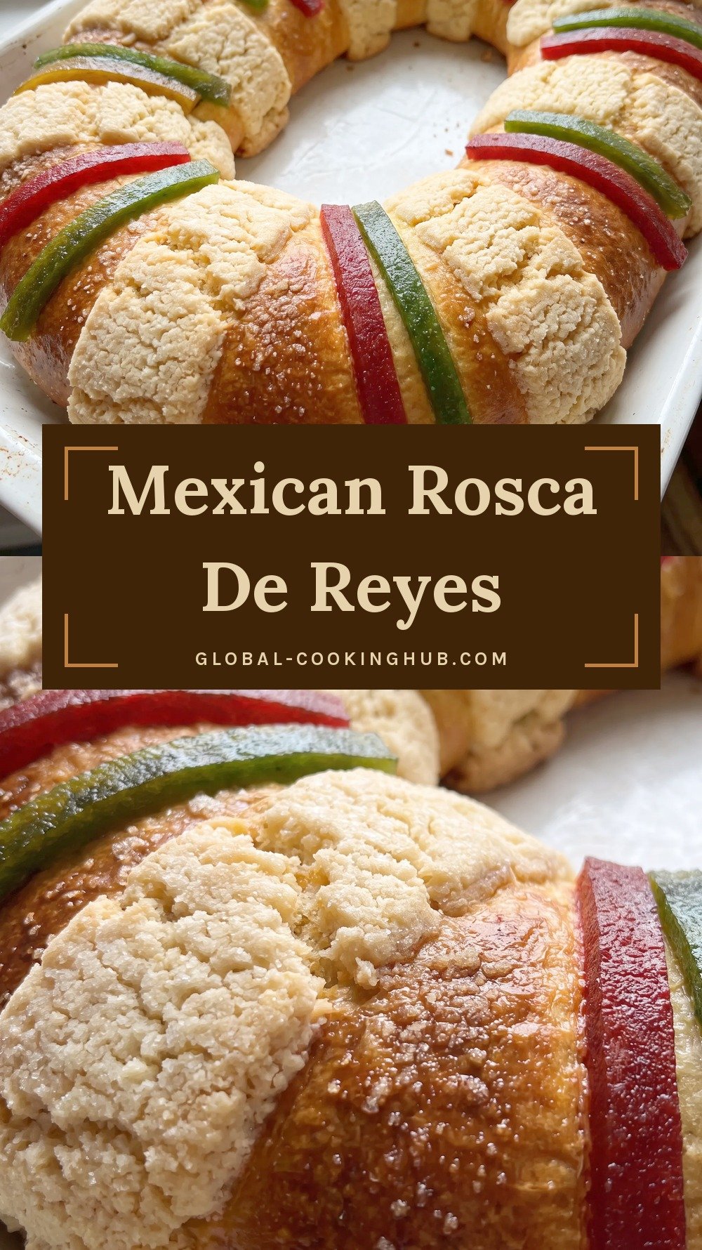 Ring-shaped sweet bread with a sugar crust topping and strips of red and green quince paste.