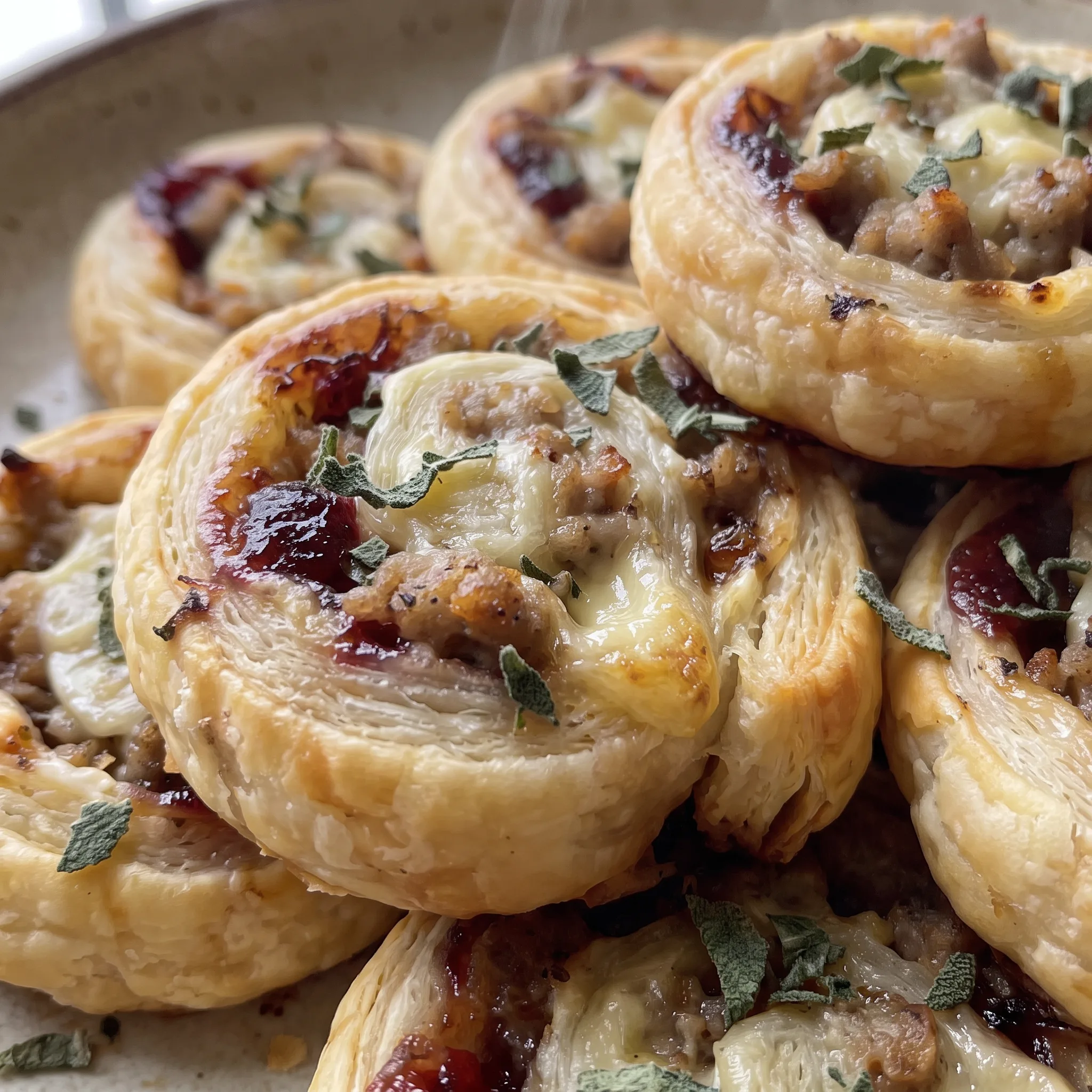 Flaky puff pastry cups filled with crumbled Italian sausage, glossy red cranberry sauce and soft melted brie.