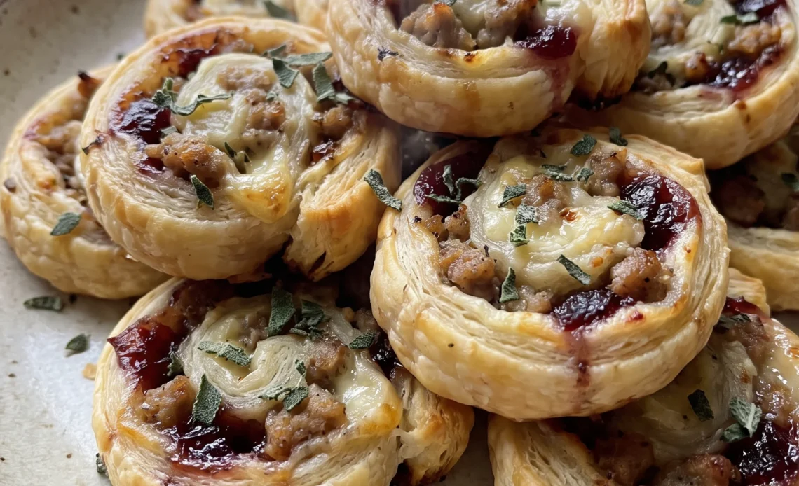 Sausage cranberry brie bites in puff pastry with golden crusts, red cranberry sauce and melted brie visible.