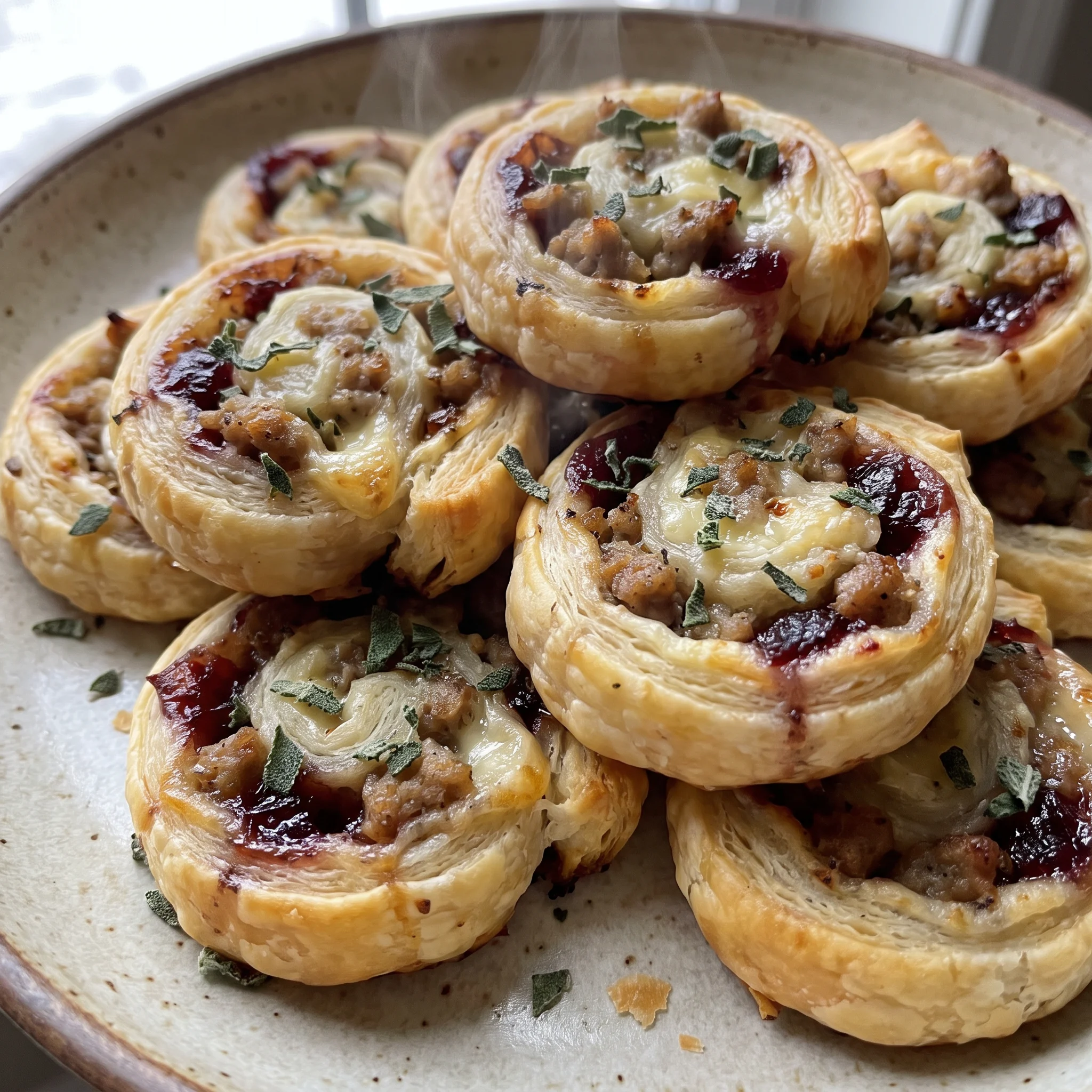 Sausage cranberry brie bites in puff pastry with golden crusts, red cranberry sauce and melted brie visible.