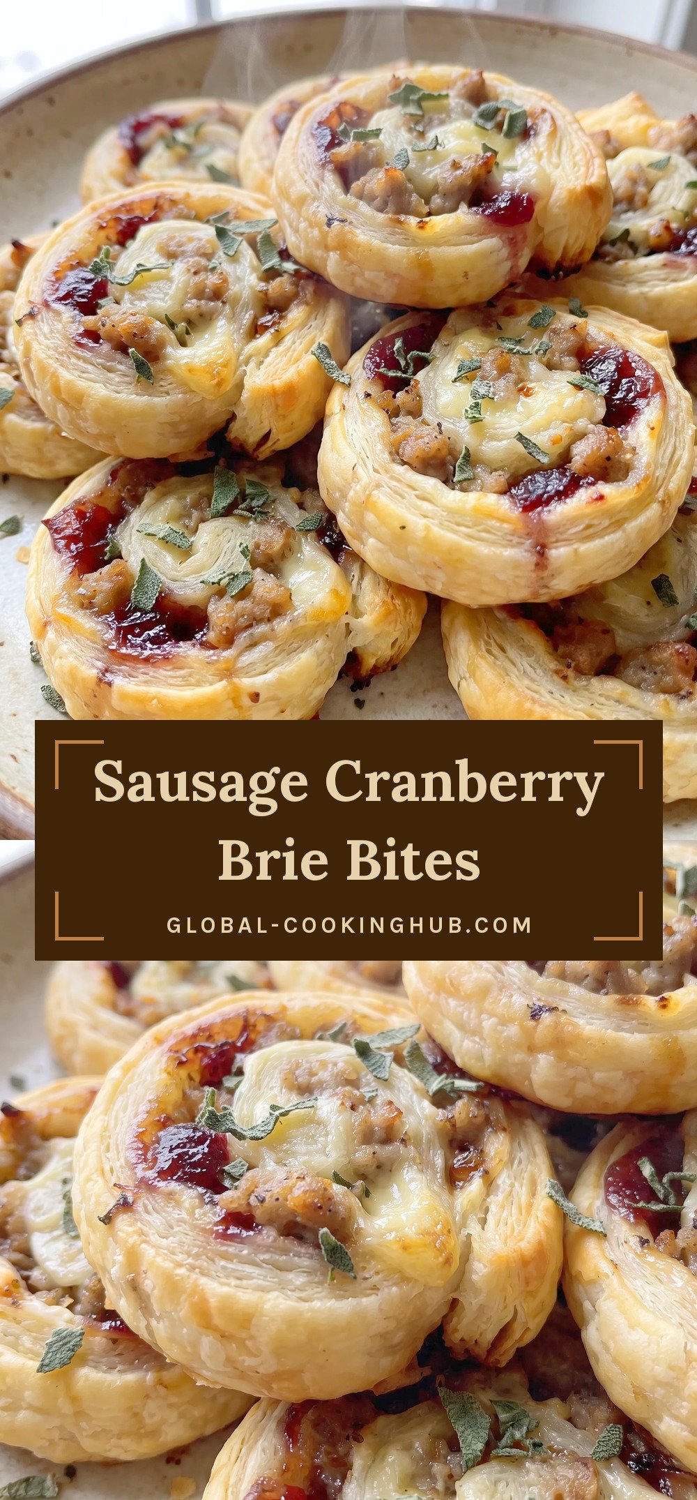 Golden puff pastry spirals filled with crumbled sausage, dark cranberry sauce, and melted brie, topped with green sage.