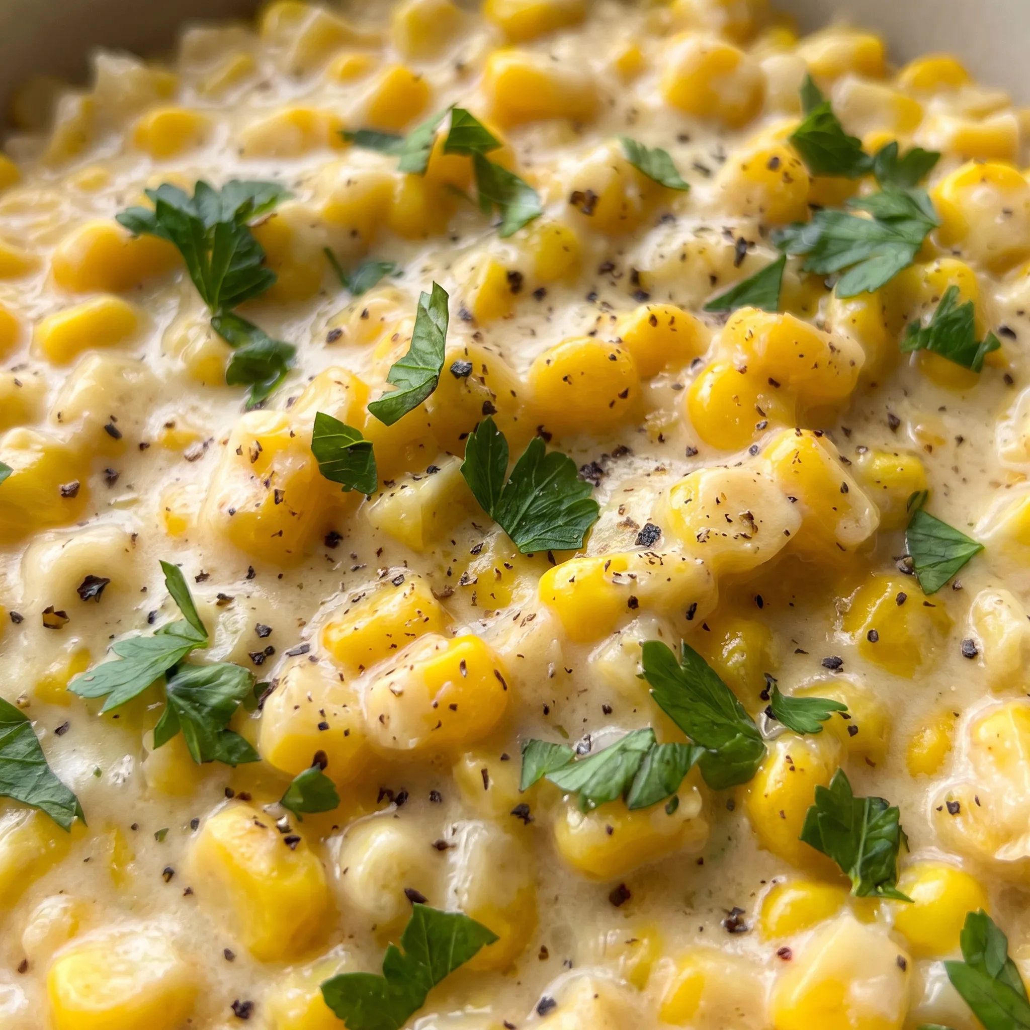 Glossy, golden corn kernels coated in a rich, buttery cream sauce with a faint dusting of cayenne and melted Parmesan.