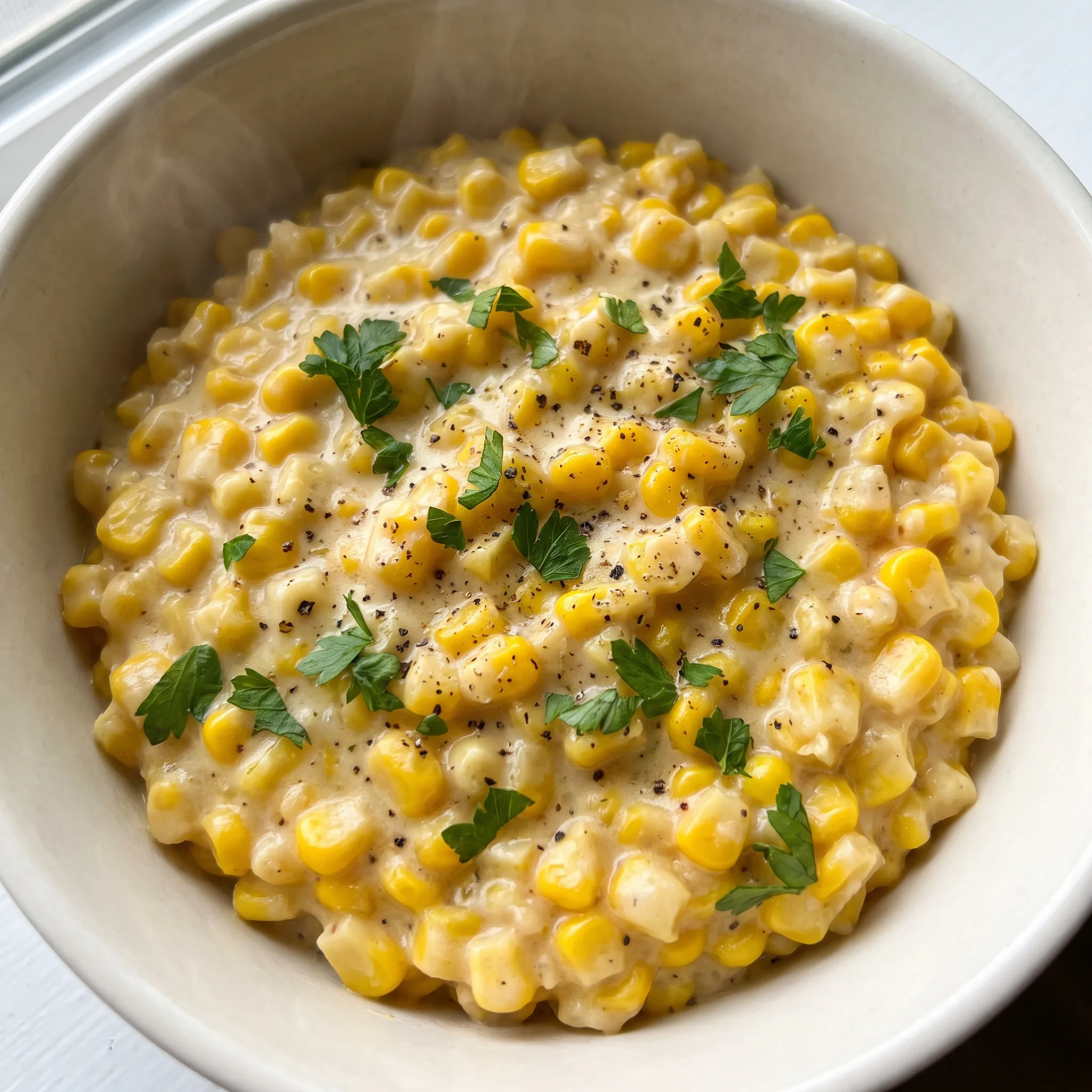 Creamed corn with visible yellow kernels in a thick cream and milk sauce, topped with grated Parmesan and fresh thyme leaves.