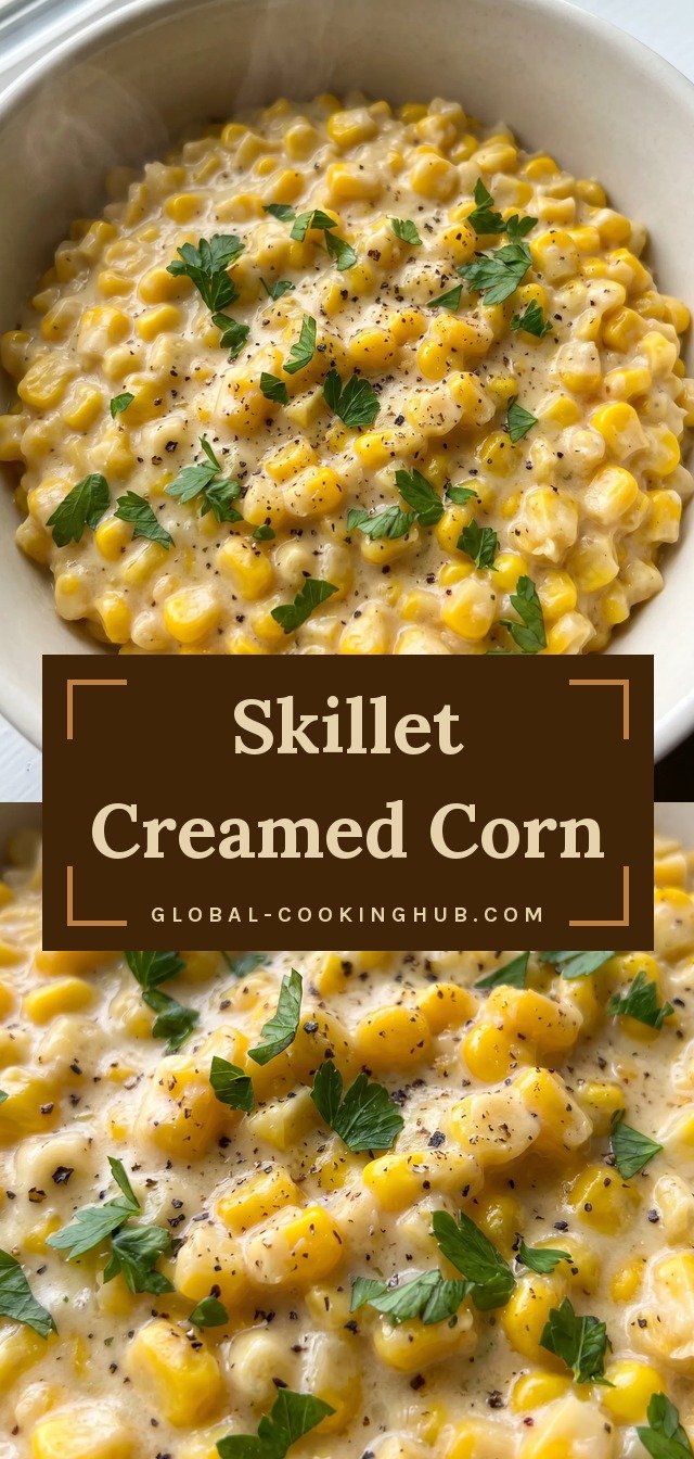 Golden corn kernels in a thick ivory cream sauce with diced shallot, thyme flecks, and grated Parmesan.