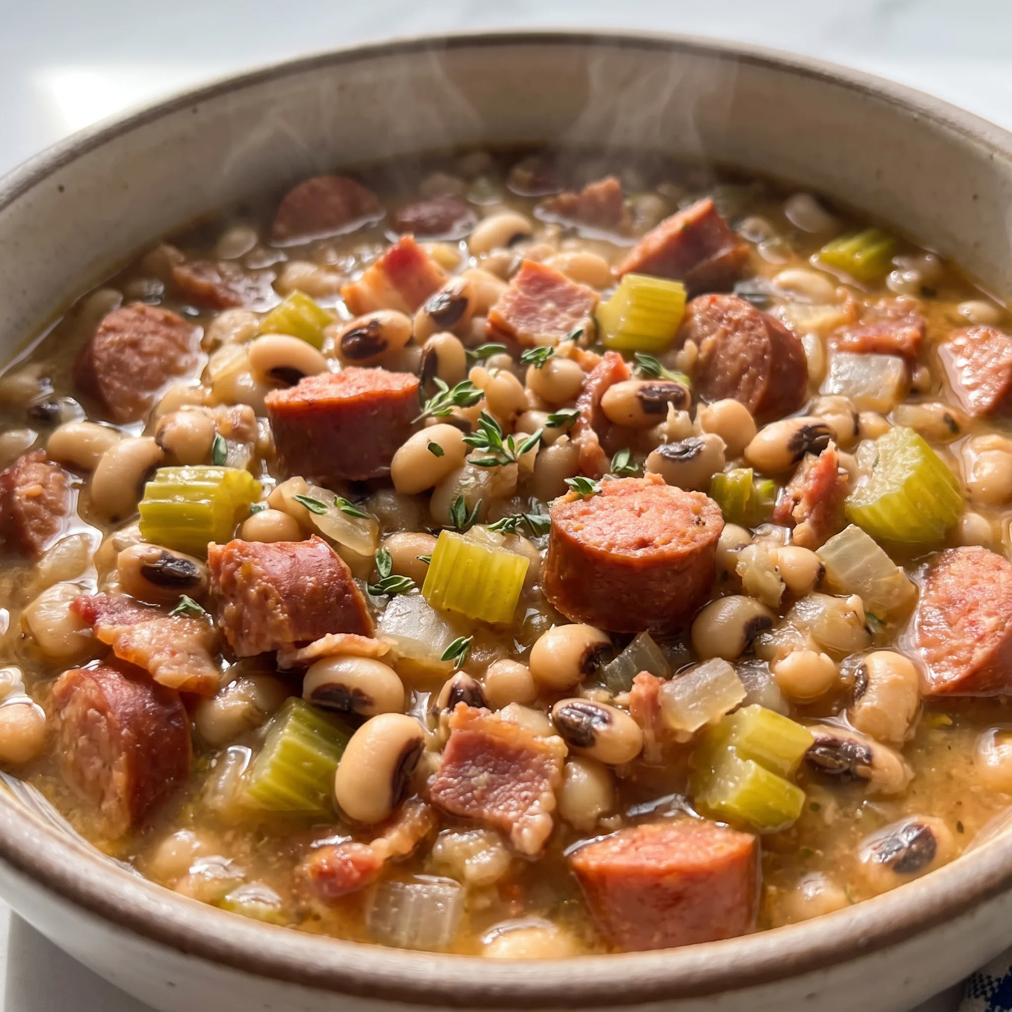 Black-eyed peas with bacon and smoked sausage pieces in a thick broth with diced onion and celery.