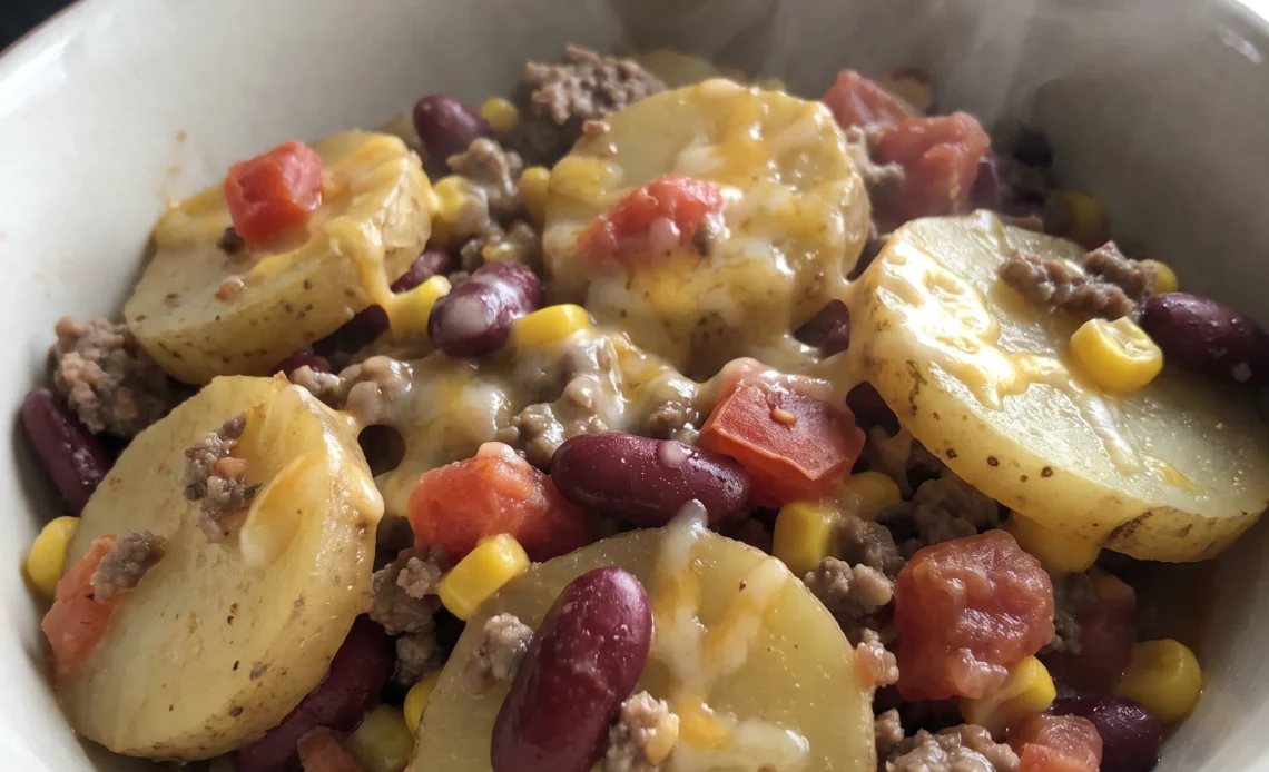 Cowboy casserole with ground beef, kidney beans, corn, diced tomatoes and golden potato slices under melted Colby Jack.