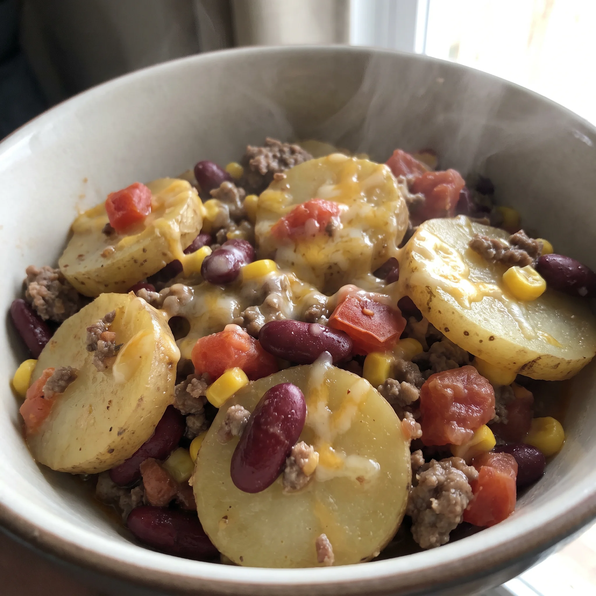 Cowboy casserole with ground beef, kidney beans, corn, diced tomatoes and golden potato slices under melted Colby Jack.