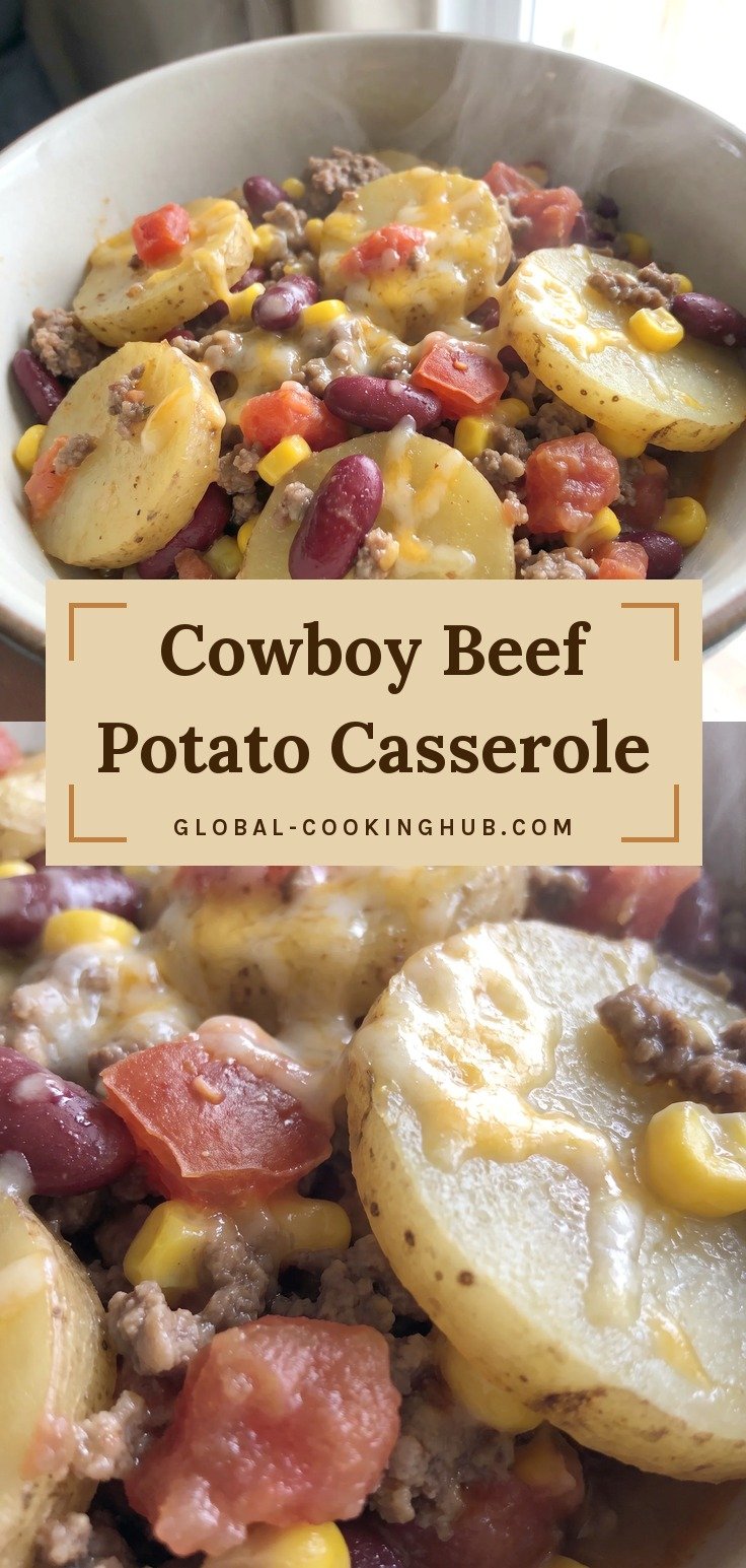 Bowl of casserole with sliced potatoes, ground beef, kidney beans, corn and tomatoes.