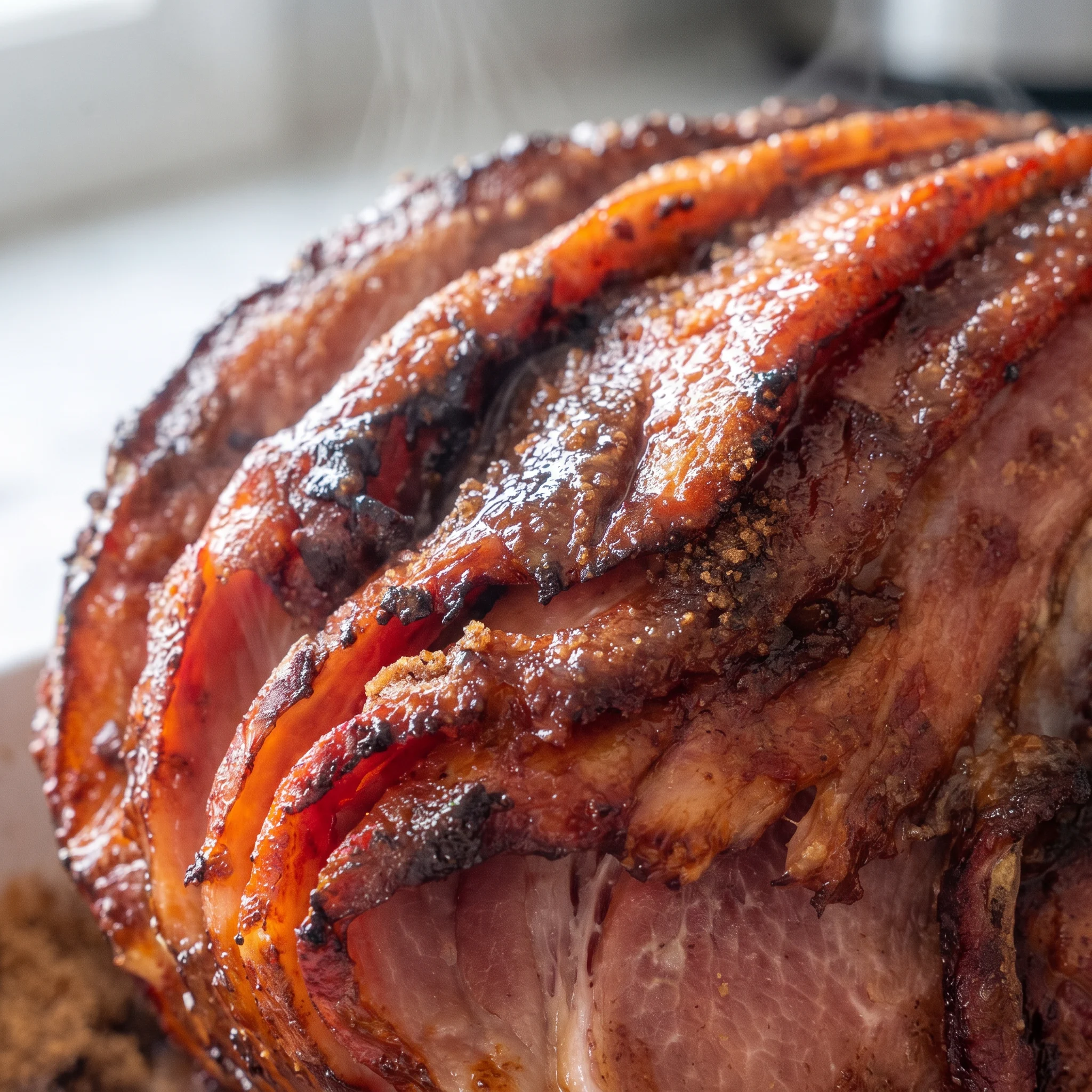 Sticky caramelized honey and brown sugar glaze clinging to the edges of a spiral cut ham slice.