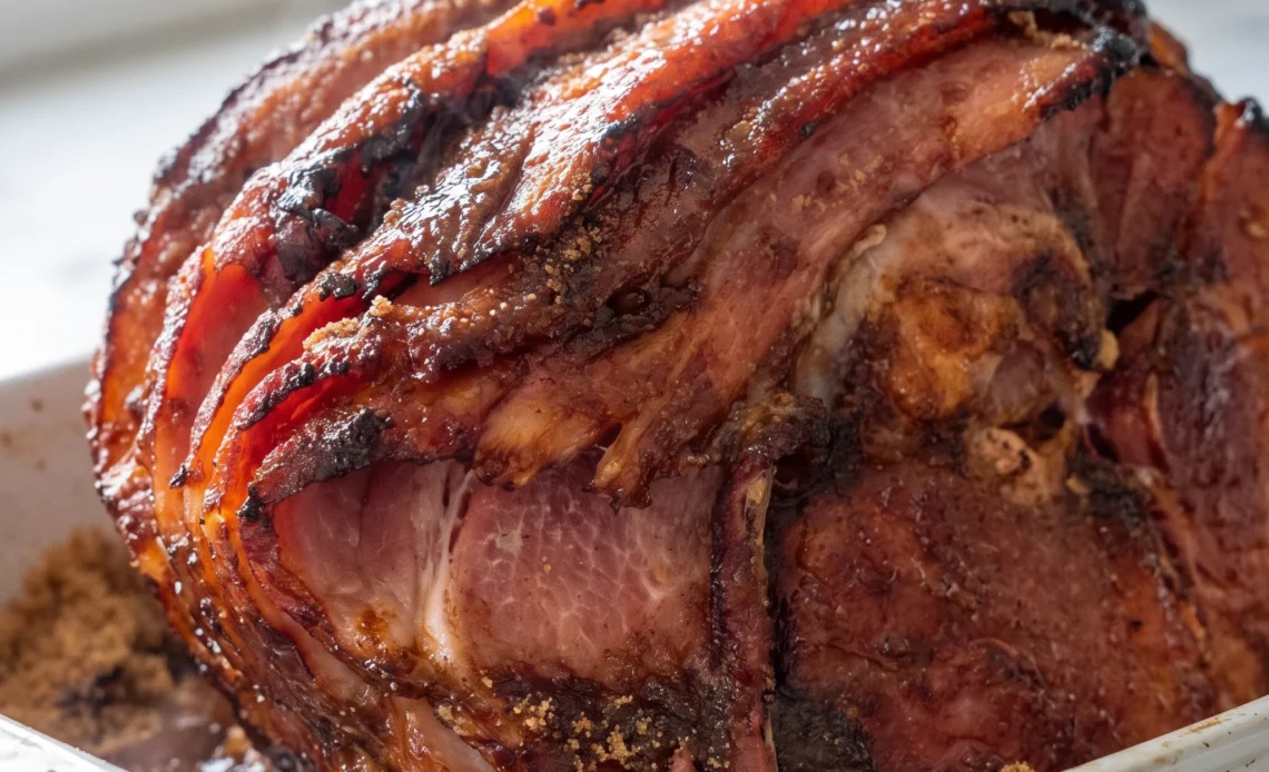 Spiral sliced bone-in ham glazed in honey and brown sugar, with glossy amber coating and visible slice lines.
