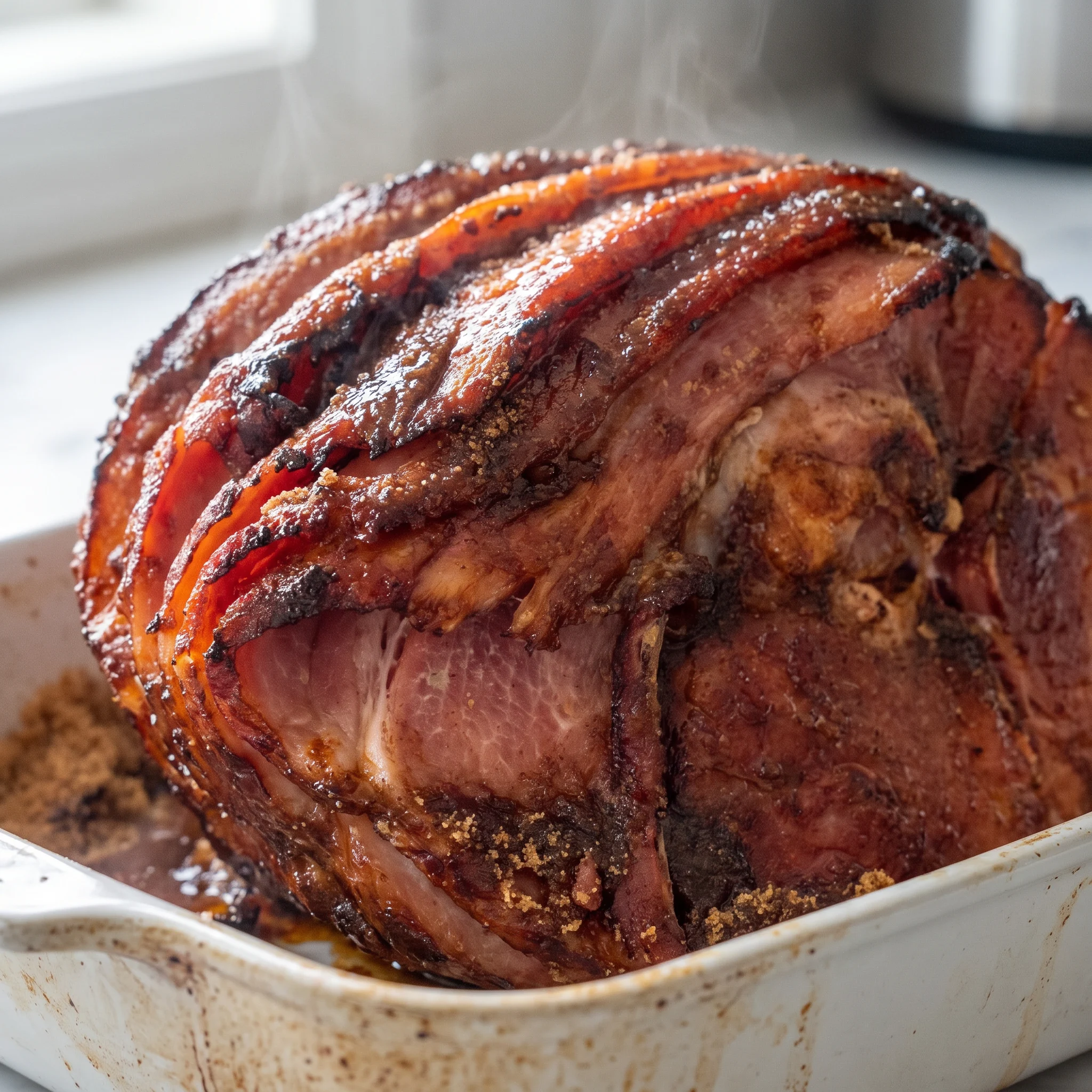 Spiral sliced bone-in ham glazed in honey and brown sugar, with glossy amber coating and visible slice lines.