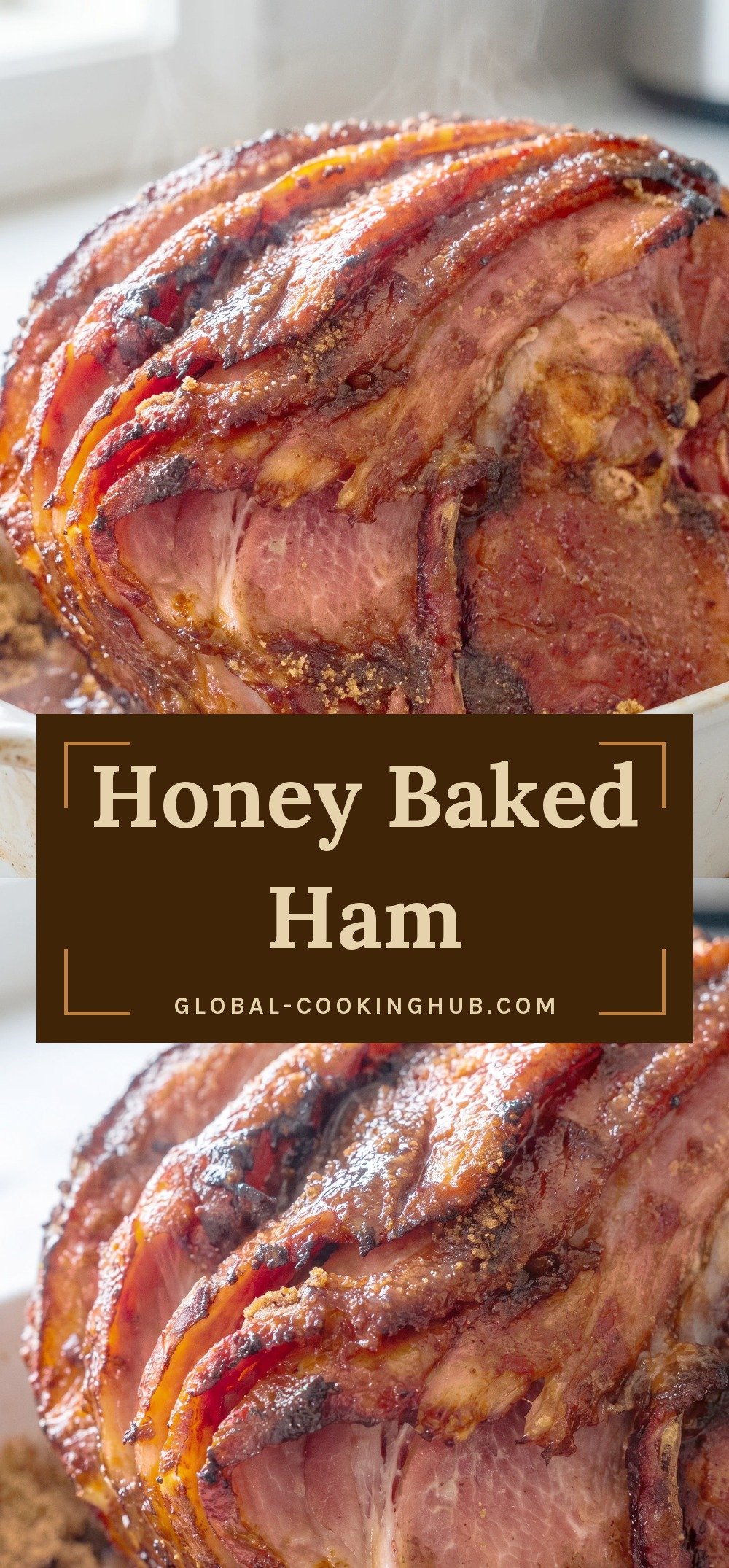 Glossy spiral sliced ham with deep caramelized edges, glazed in honey and packed with a crust of light brown sugar.