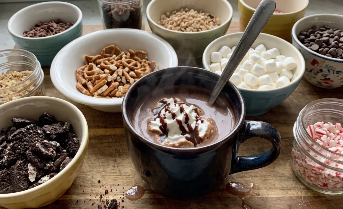 Cocoa hot chocolate with whipped cream, cookies, pretzels, and nuts arranged alongside.