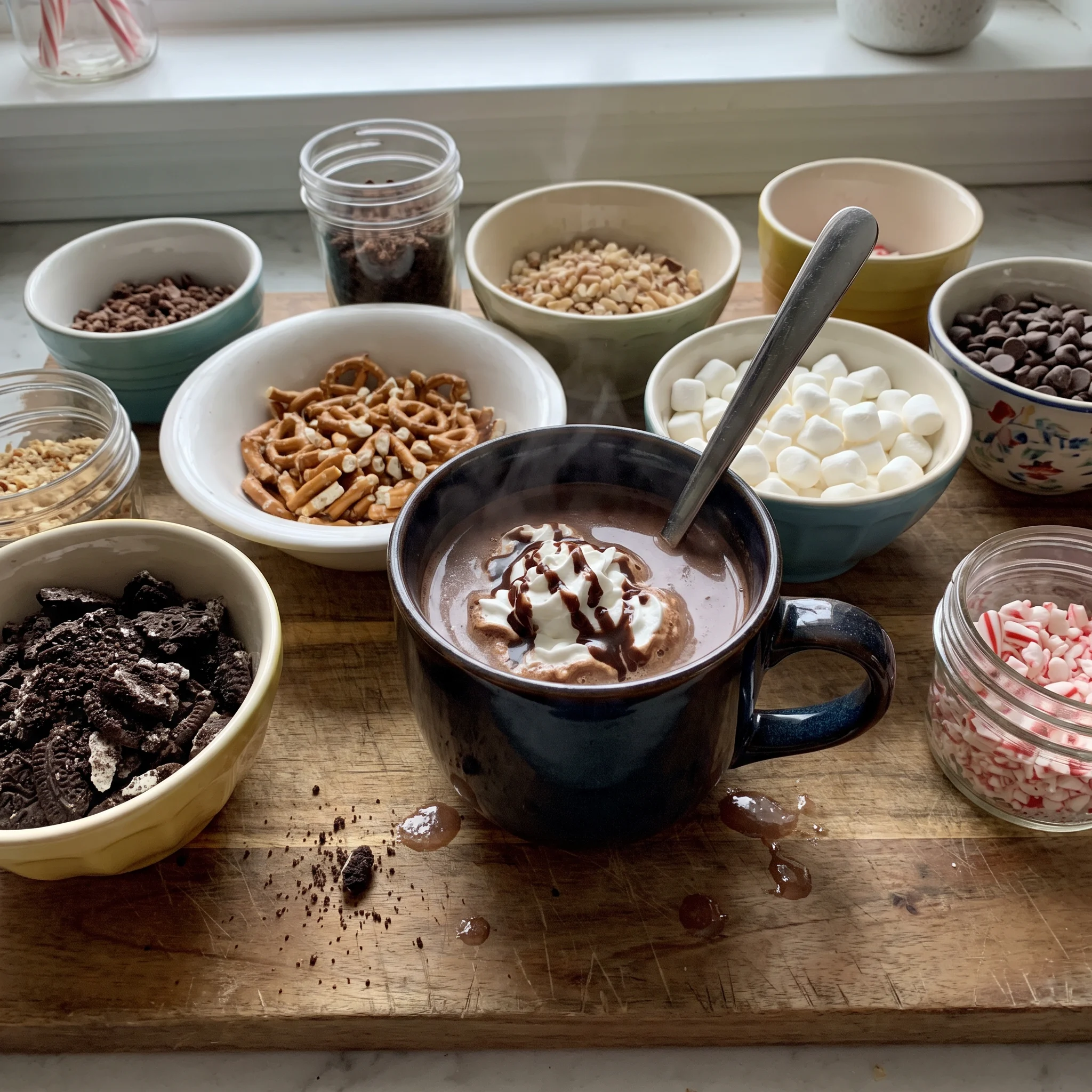 Cocoa hot chocolate with whipped cream, cookies, pretzels, and nuts arranged alongside.
