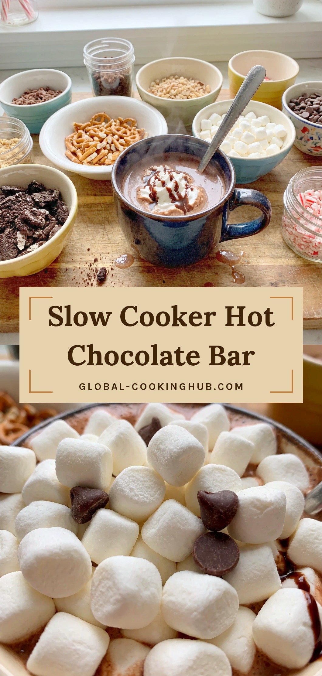 Creamy hot chocolate in mugs topped with whipped cream, crushed cookies, pretzels, and nuts, with cocoa powder, milk, and cream nearby.