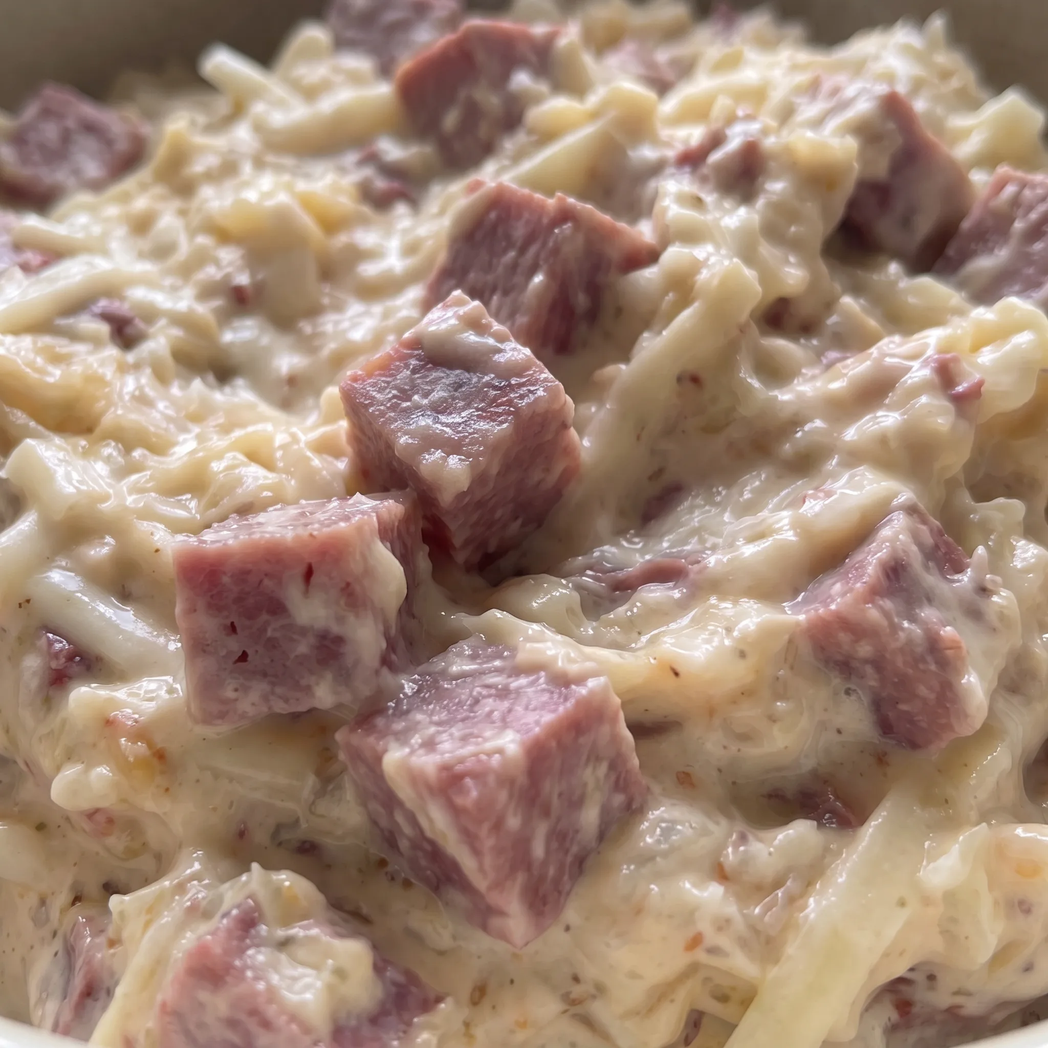 Creamy dip with golden melted Swiss cheese and tender shreds of corned beef mixed with tangy sauerkraut.