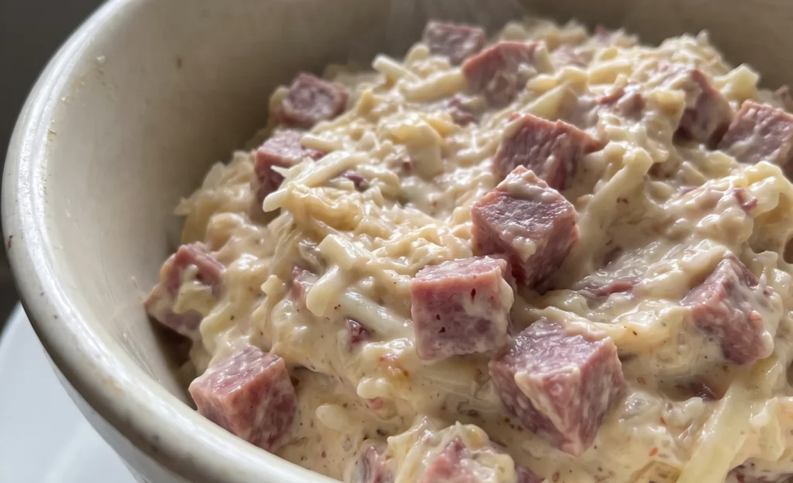 Reuben dip with shredded corned beef, melted Swiss cheese, sauerkraut strands and creamy cream cheese throughout.