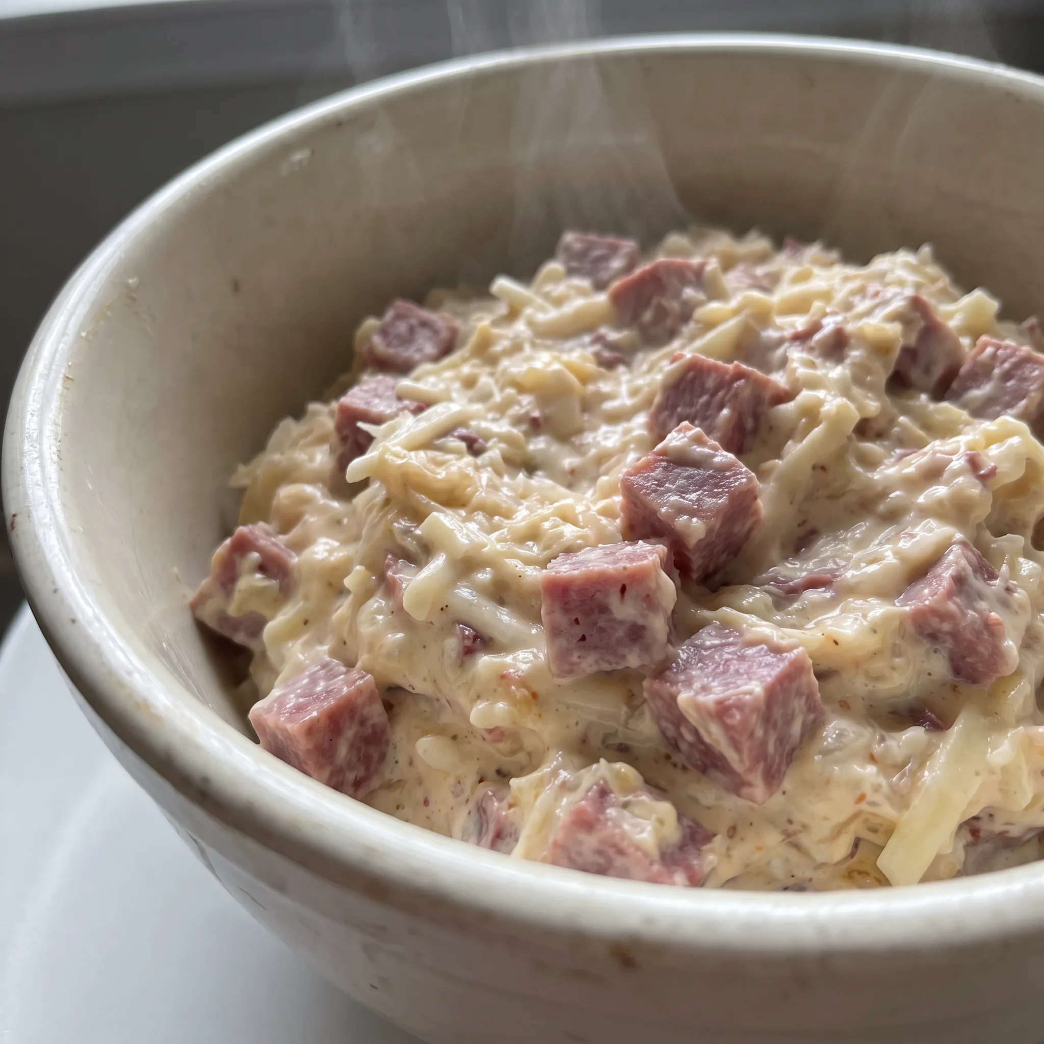Reuben dip with shredded corned beef, melted Swiss cheese, sauerkraut strands and creamy cream cheese throughout.