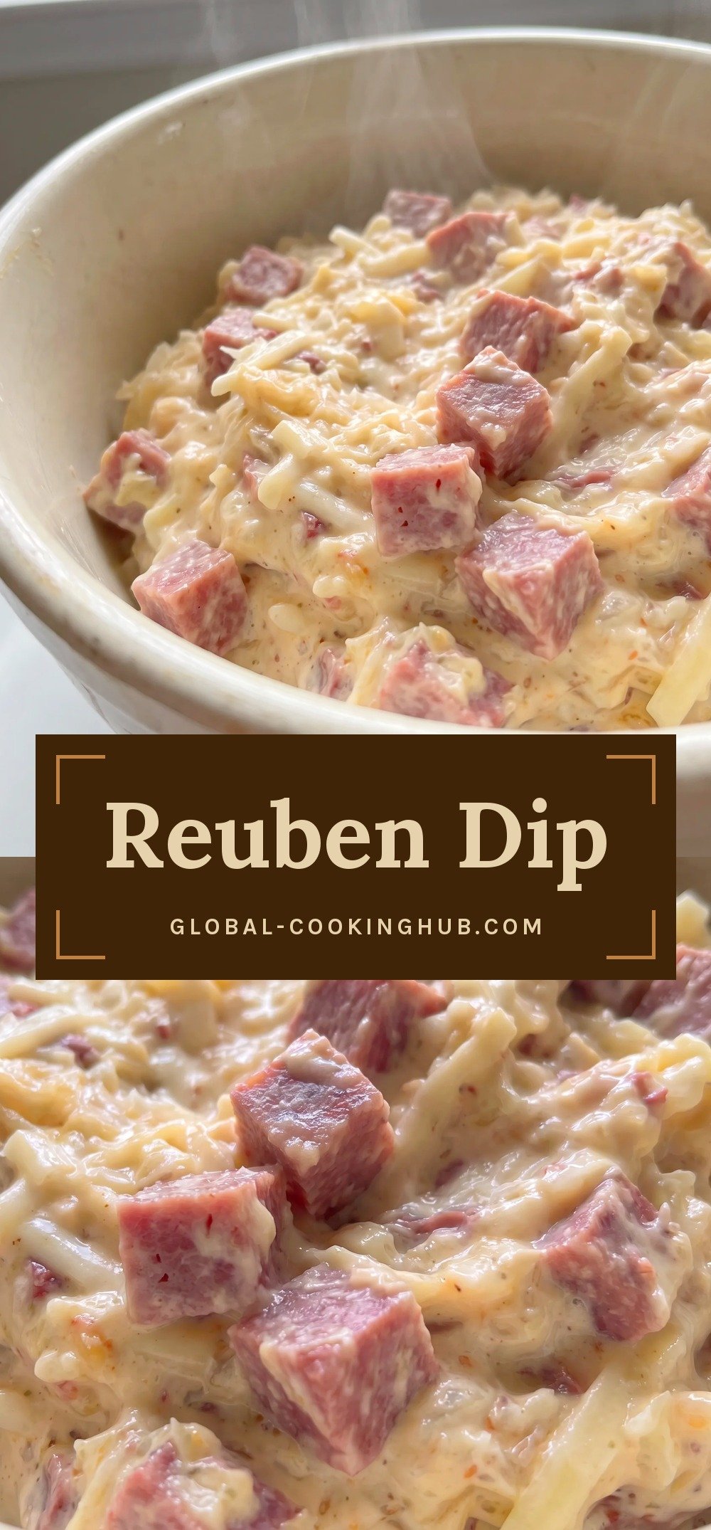 Creamy dip with cubed corned beef, melted Swiss cheese, shredded sauerkraut, and cream cheese, warm and golden.