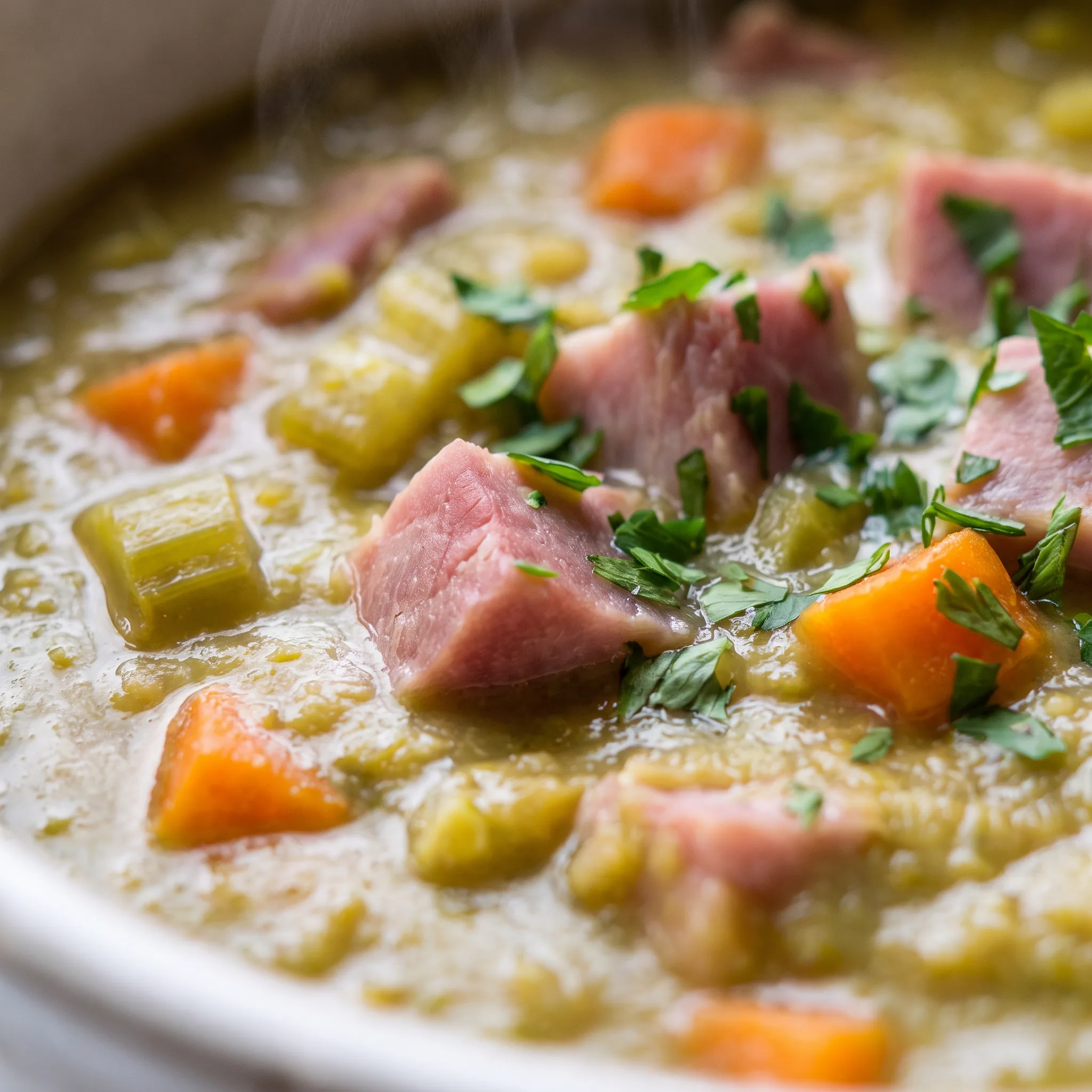 Creamy green split pea puree with soft vegetable pieces and strands of pink ham.
