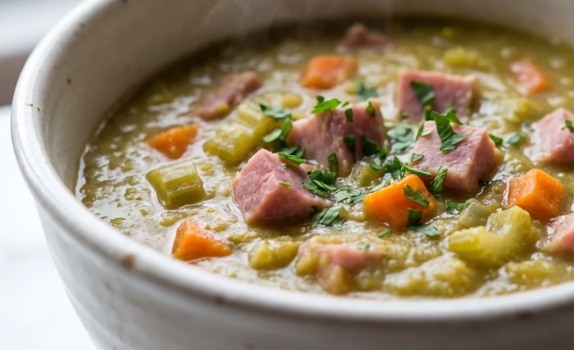 Split pea soup with shredded ham, diced carrots, celery, and onion in a thick green puree.