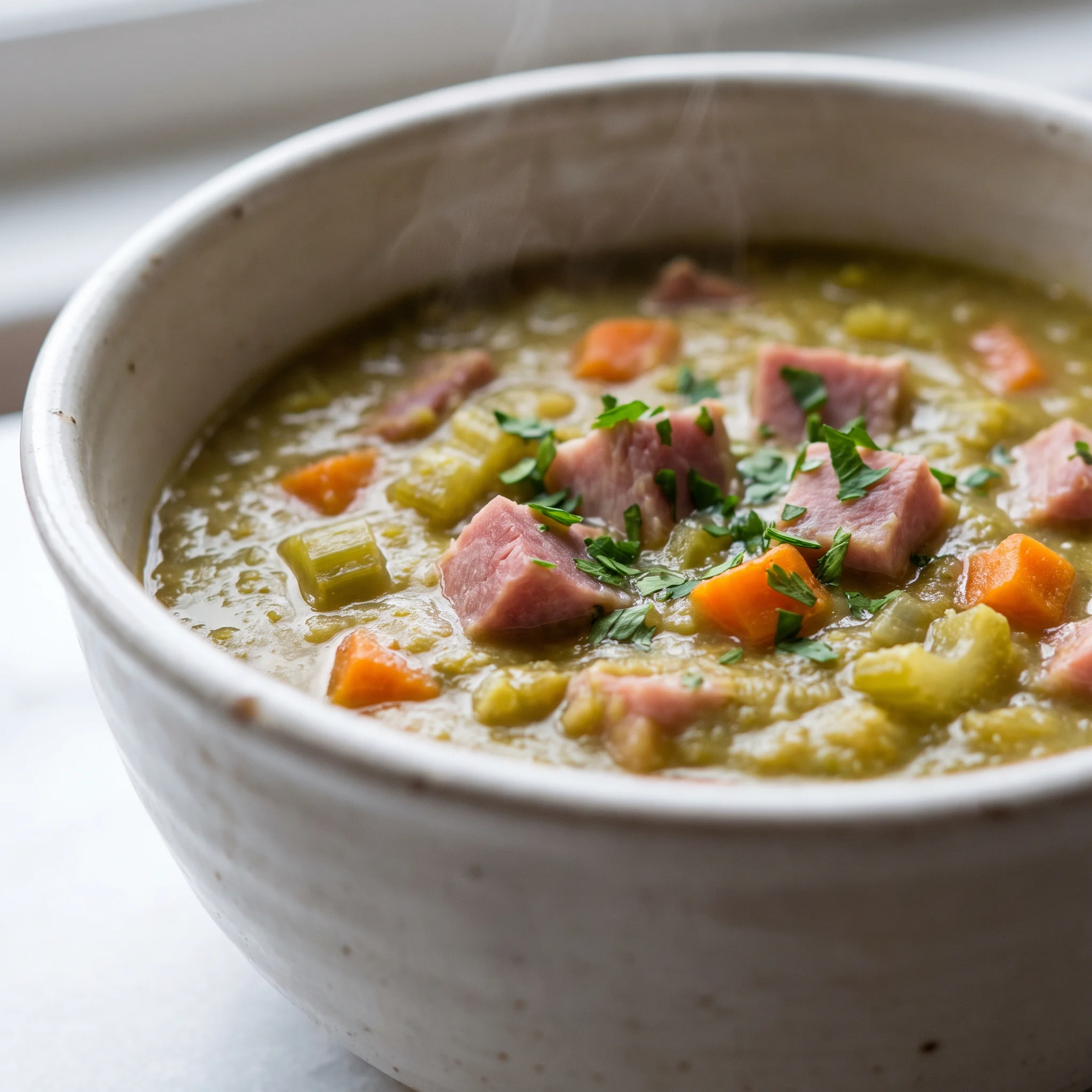 Split pea soup with shredded ham, diced carrots, celery, and onion in a thick green puree.