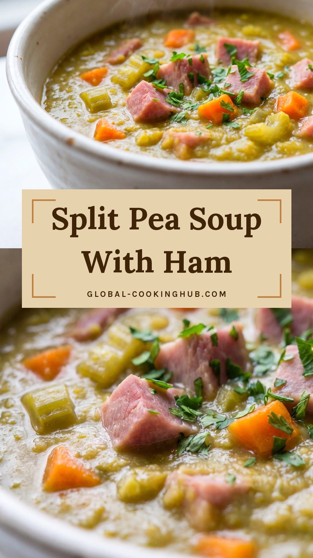 Bowl of green split pea soup with diced ham, carrots, celery and parsley.