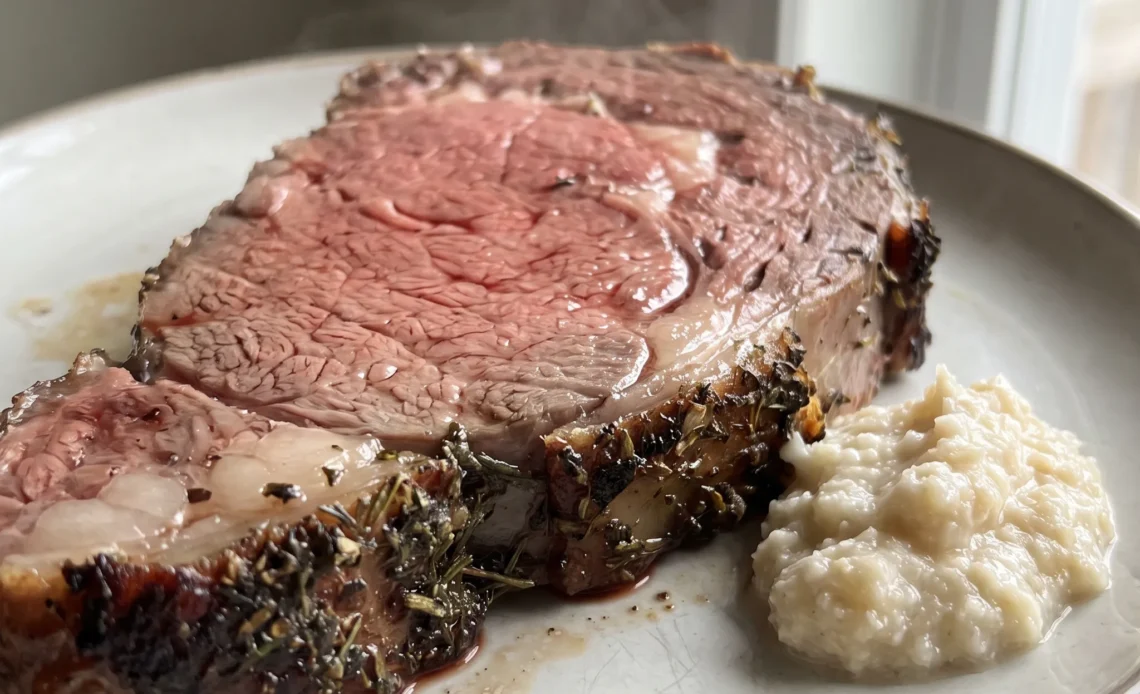Bone-in prime rib roast with a browned crust, surrounded by roasted garlic cloves, thyme and rosemary sprigs.