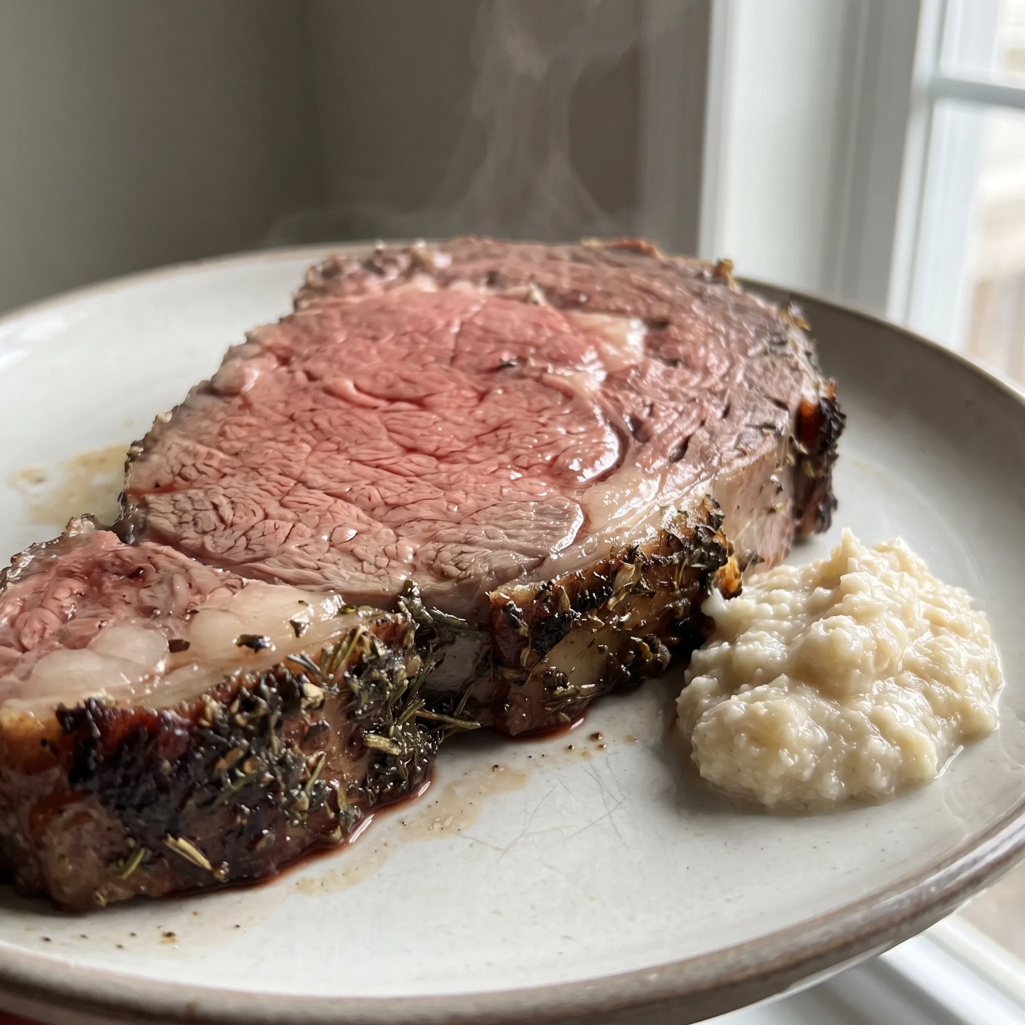Bone-in prime rib roast with a browned crust, surrounded by roasted garlic cloves, thyme and rosemary sprigs.