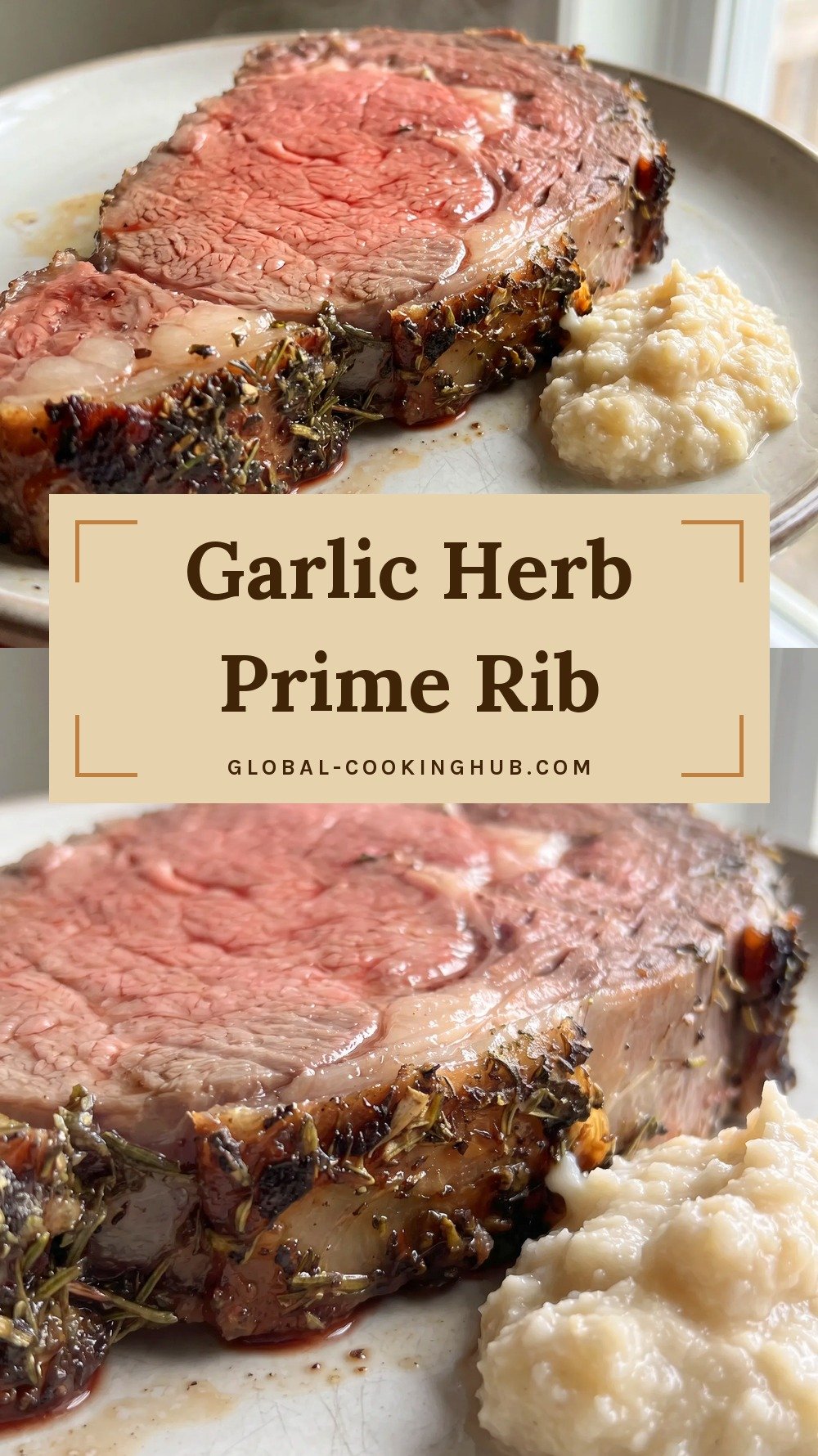 Thick slice of prime rib with a pink center and herb crust next to a spoon of horseradish sauce.