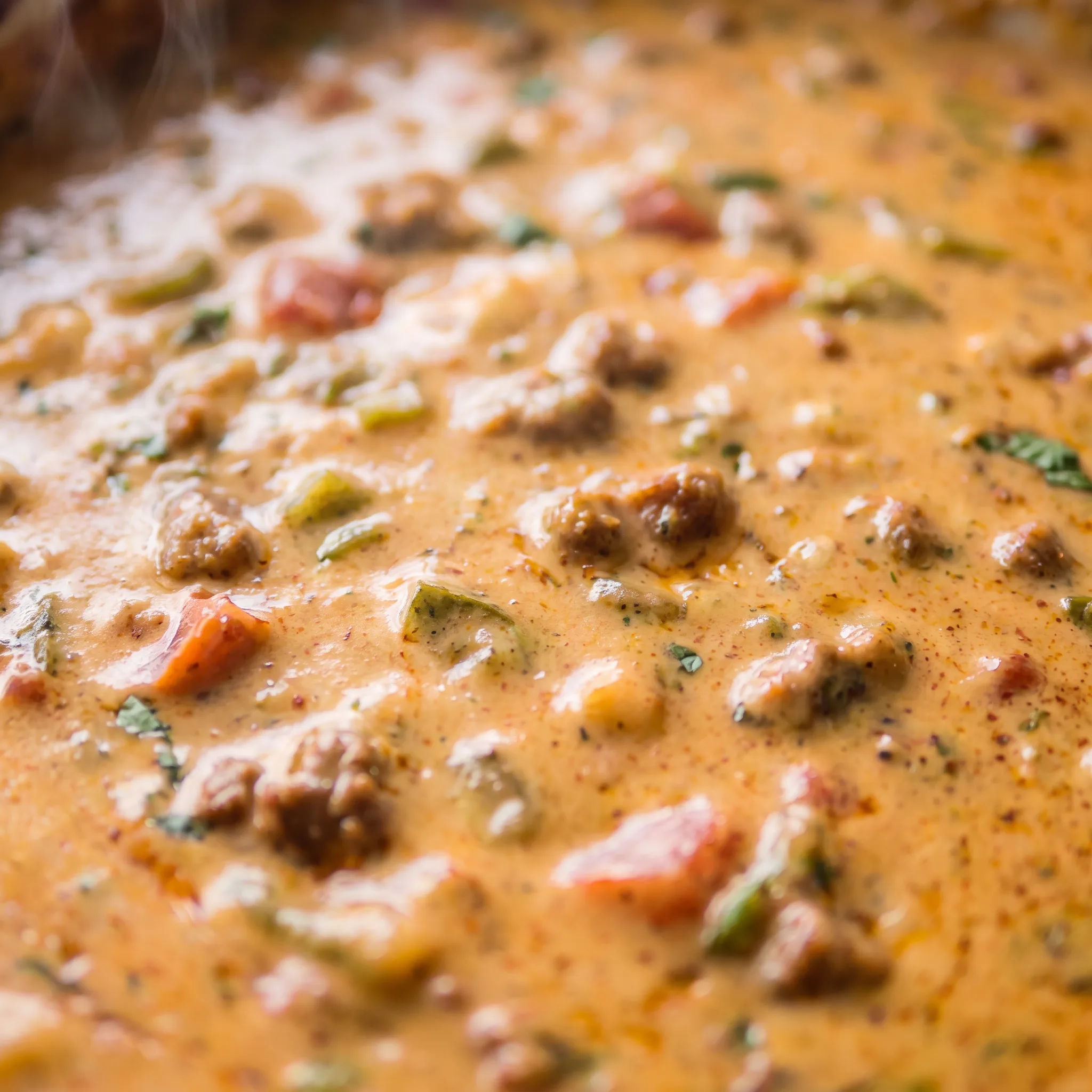 Creamy melted cheese dip with crumbled chorizo, diced tomatoes, jalapeno slices and green chiles in a thick, glossy texture.