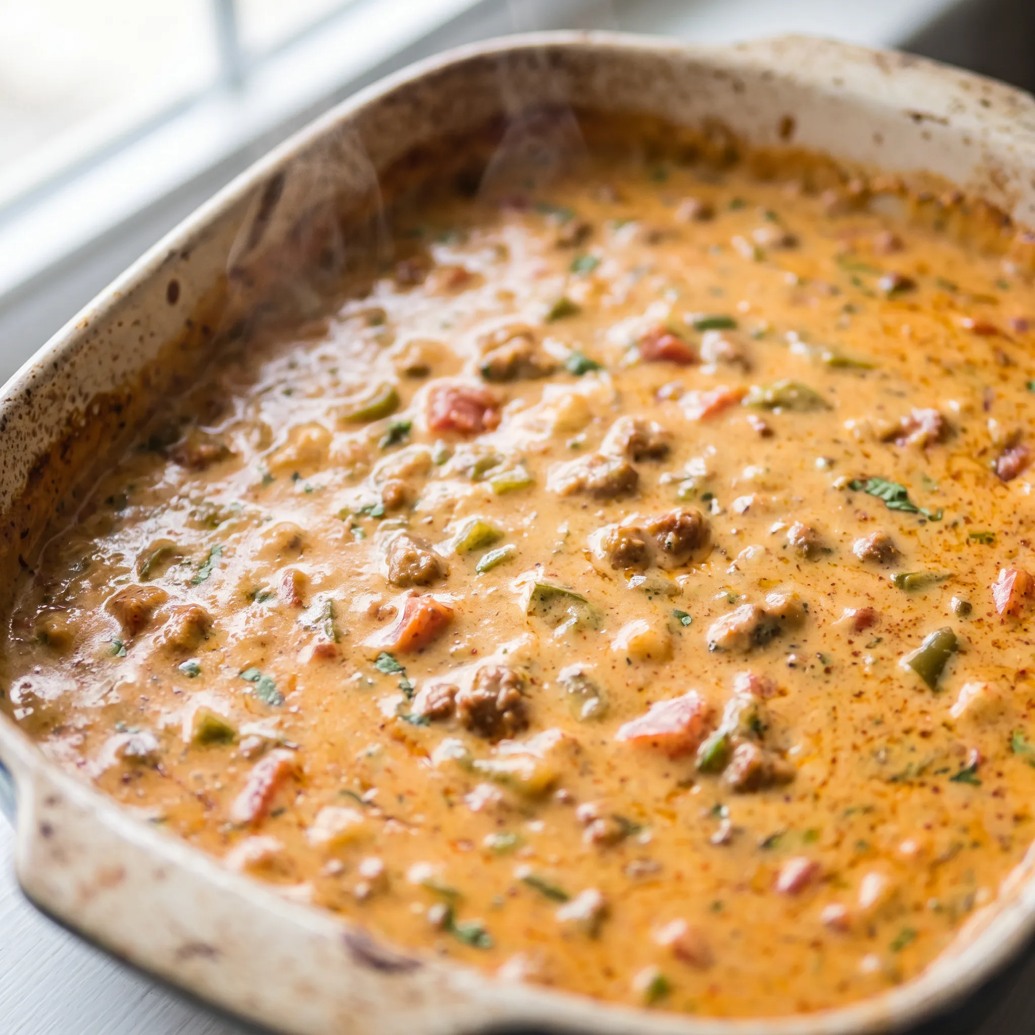 Smoked queso dip with melted cheddar, pepper jack, Velveeta and cream cheese, topped with chorizo, Rotel, jalapenos and green chiles.