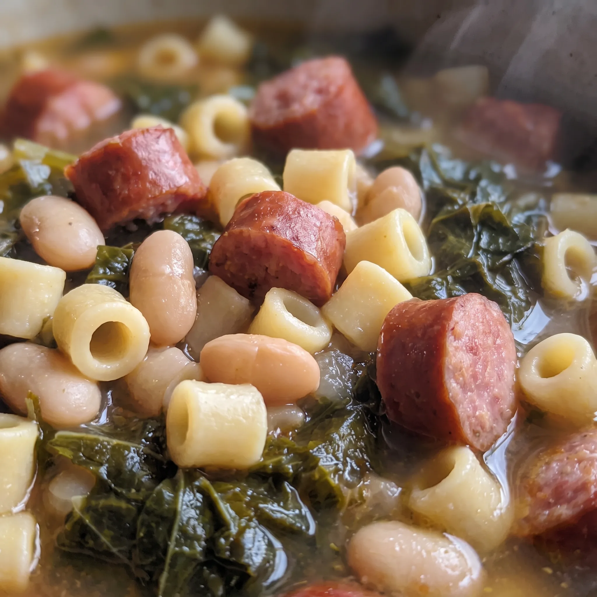 Slices of smoked sausage and curled pasta tucked among tender turnip greens and creamy white beans.