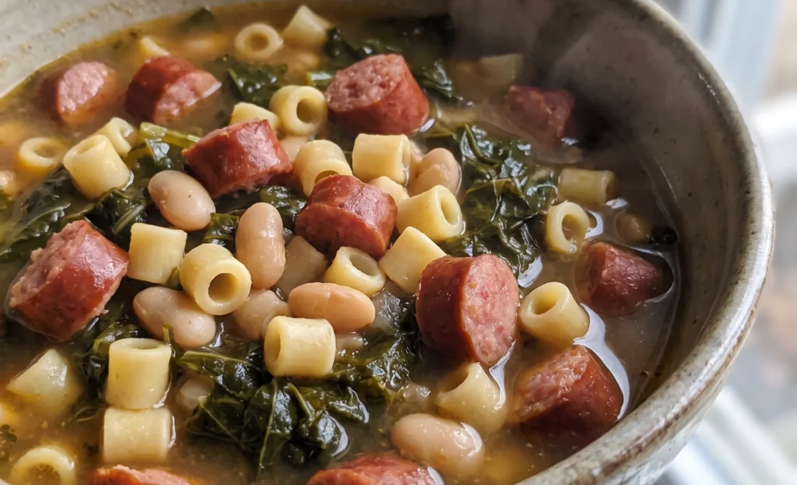 Smoked sausage turnip green soup with great Northern beans and pasta in a green broth.