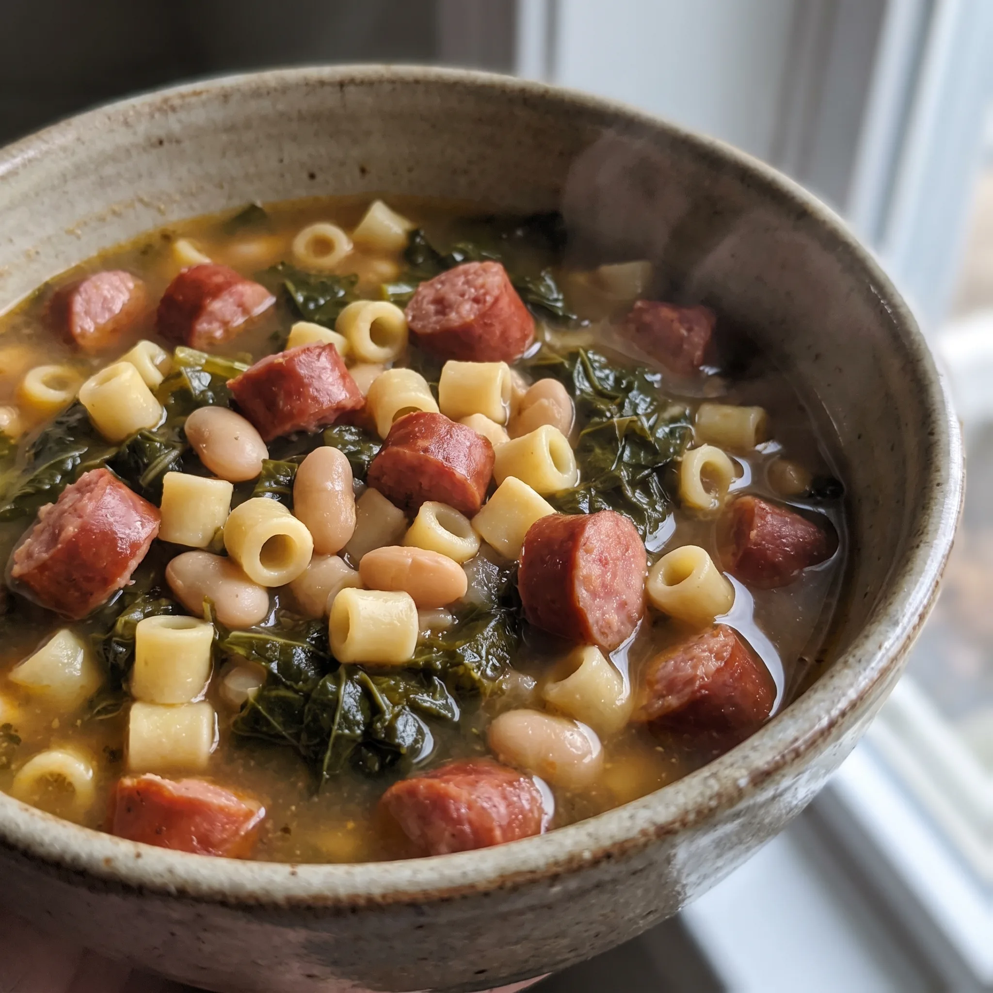 Smoked sausage turnip green soup with great Northern beans and pasta in a green broth.