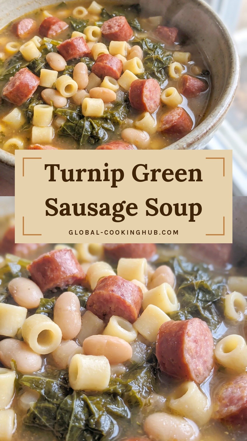 Bowl of soup with smoked sausage slices, small pasta, white beans and dark leafy greens.