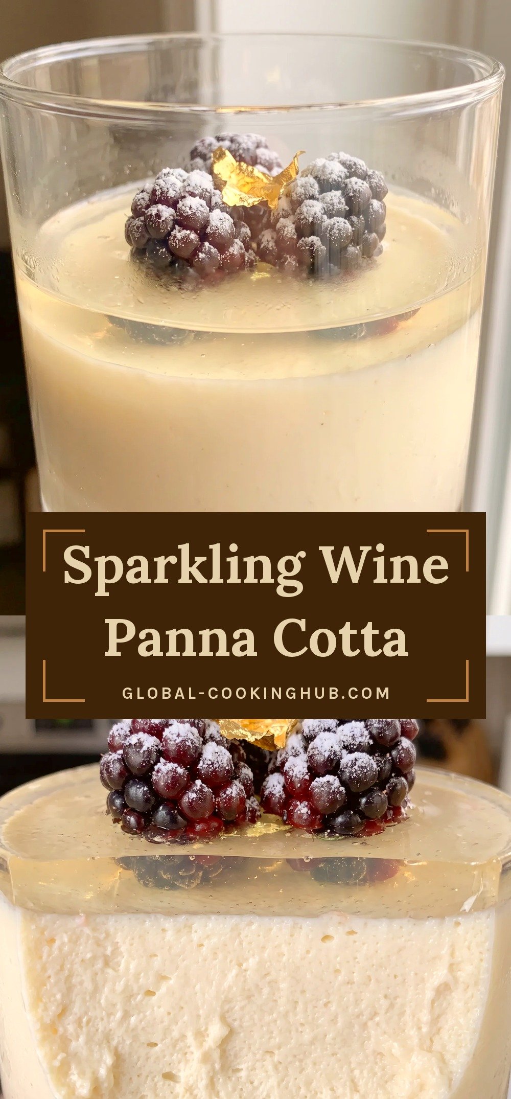 Layered sparkling wine panna cotta in a tall flute glass with a creamy white base, a clear pale gold jelly layer, and fresh red berries on top.