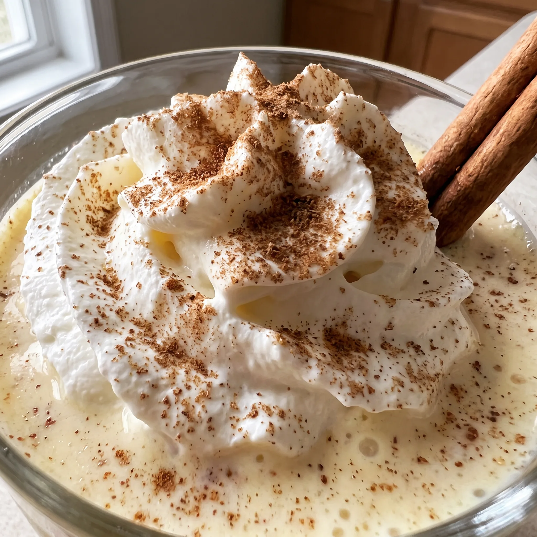 Smooth, frothy eggnog drink with a light dusting of spice on its creamy surface.