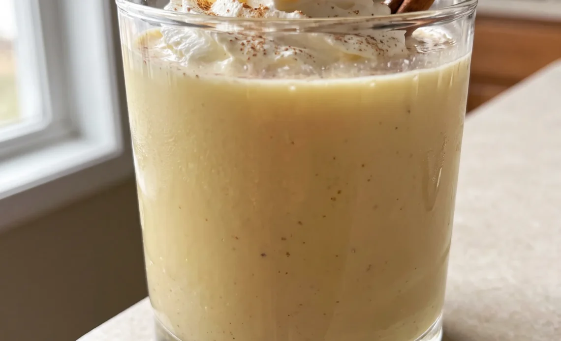 Creamy pale yellow eggnog cocktail with amaretto and spiced rum, topped with a dusting of nutmeg.