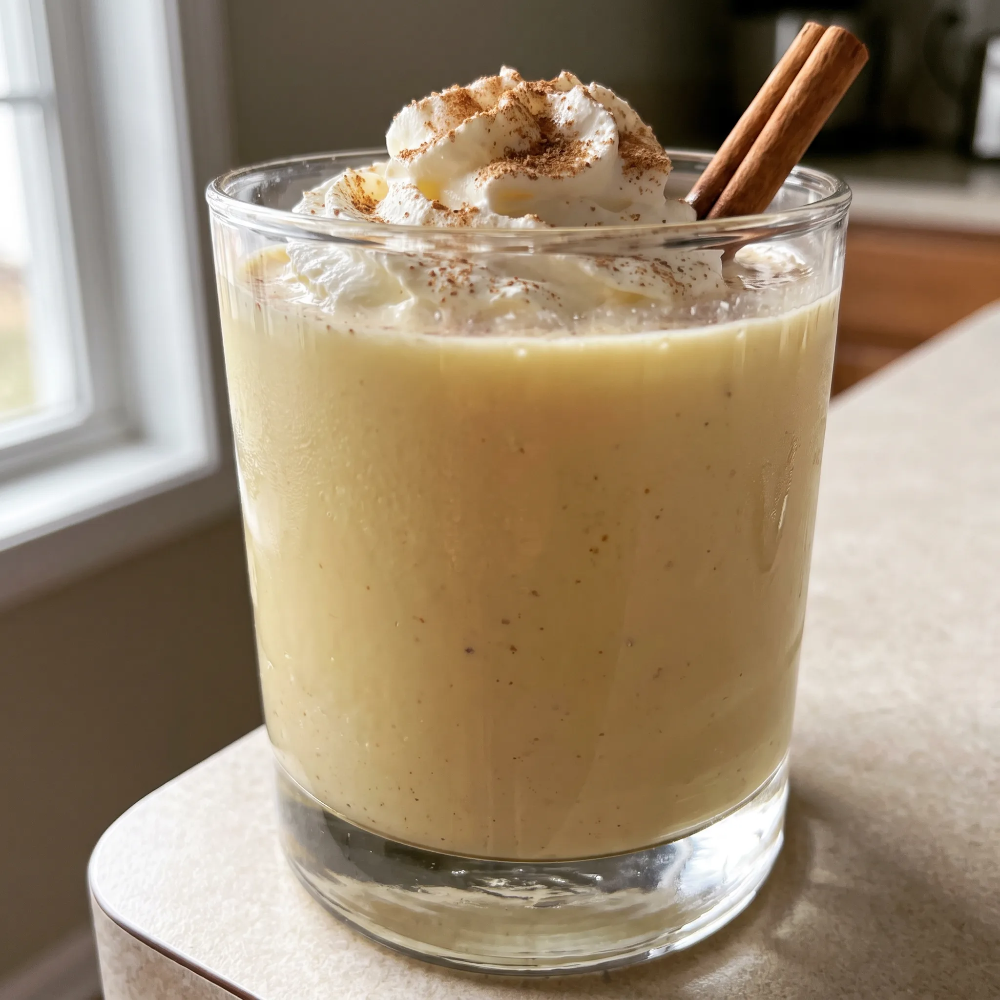 Creamy pale yellow eggnog cocktail with amaretto and spiced rum, topped with a dusting of nutmeg.