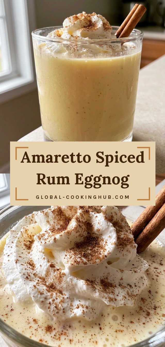 Creamy pale eggnog in a glass with amber amaretto and spiced rum, topped with white whipped cream, a cinnamon stick, and ground nutmeg.