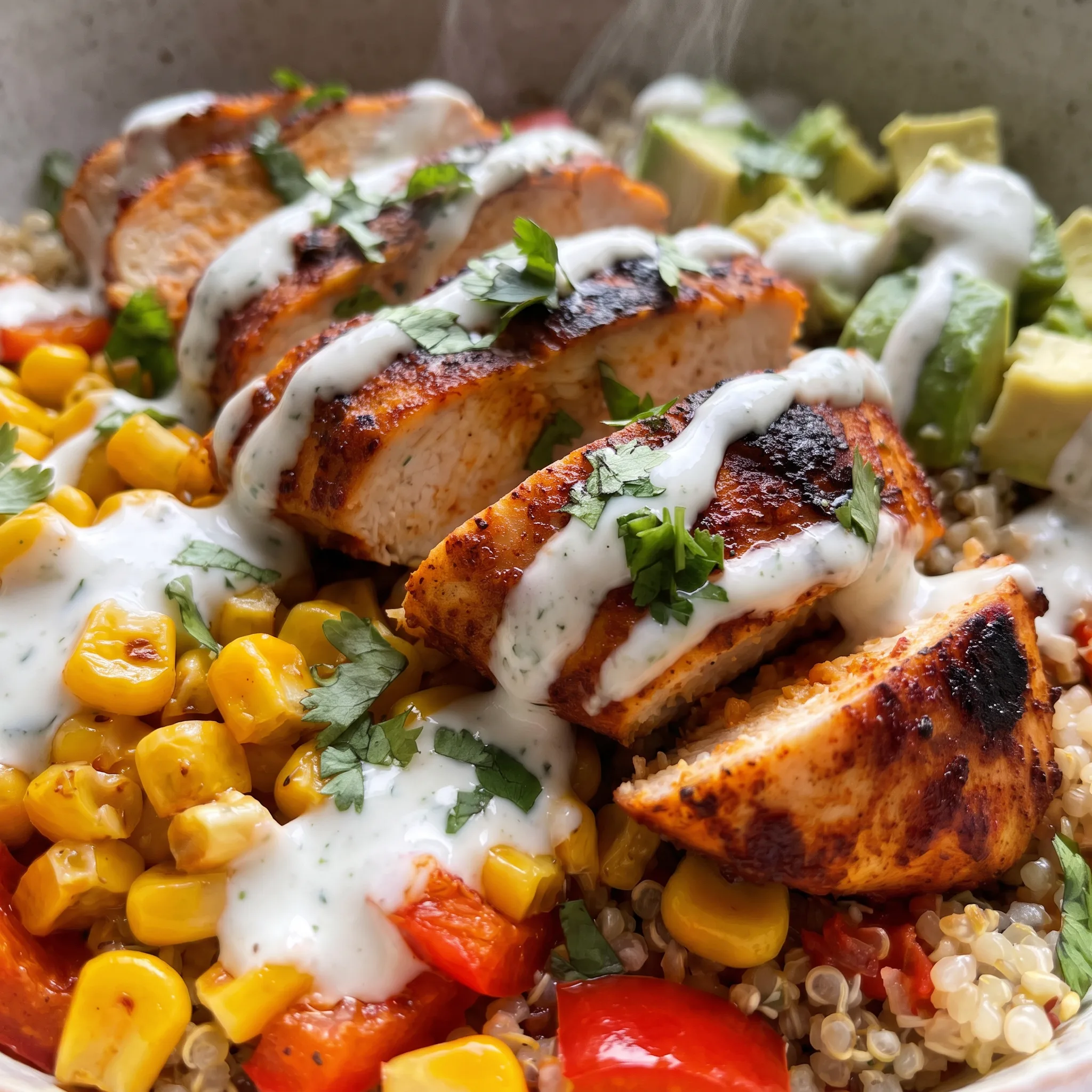 Charred corn kernels and diced red bell pepper beside sliced avocado and grilled chicken, topped with cilantro.
