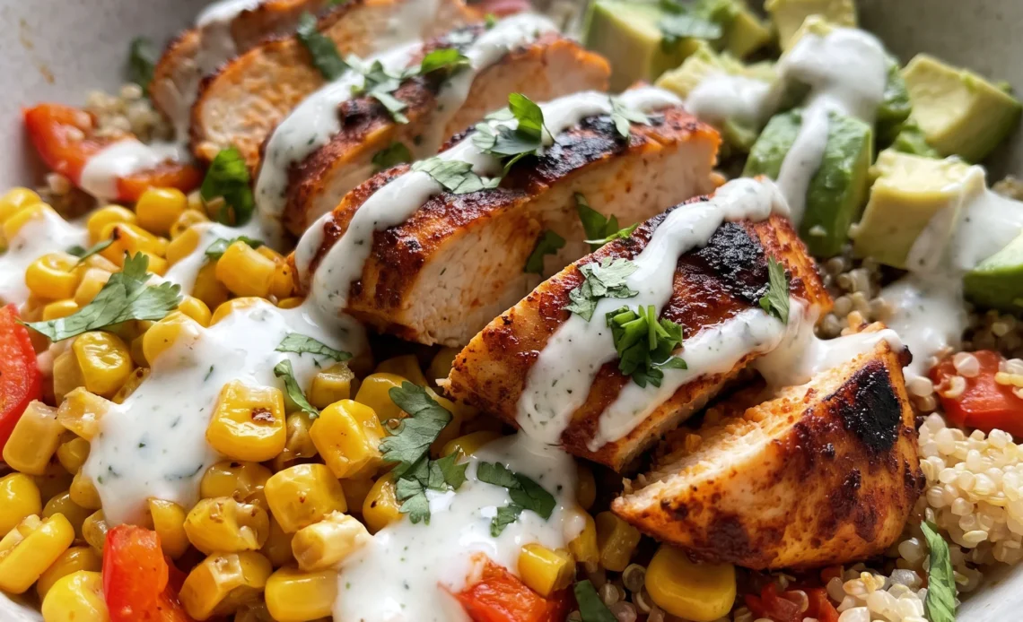 Street corn chicken bowl with grilled chicken, yellow corn, avocado slices, red bell pepper, cilantro, and lime.