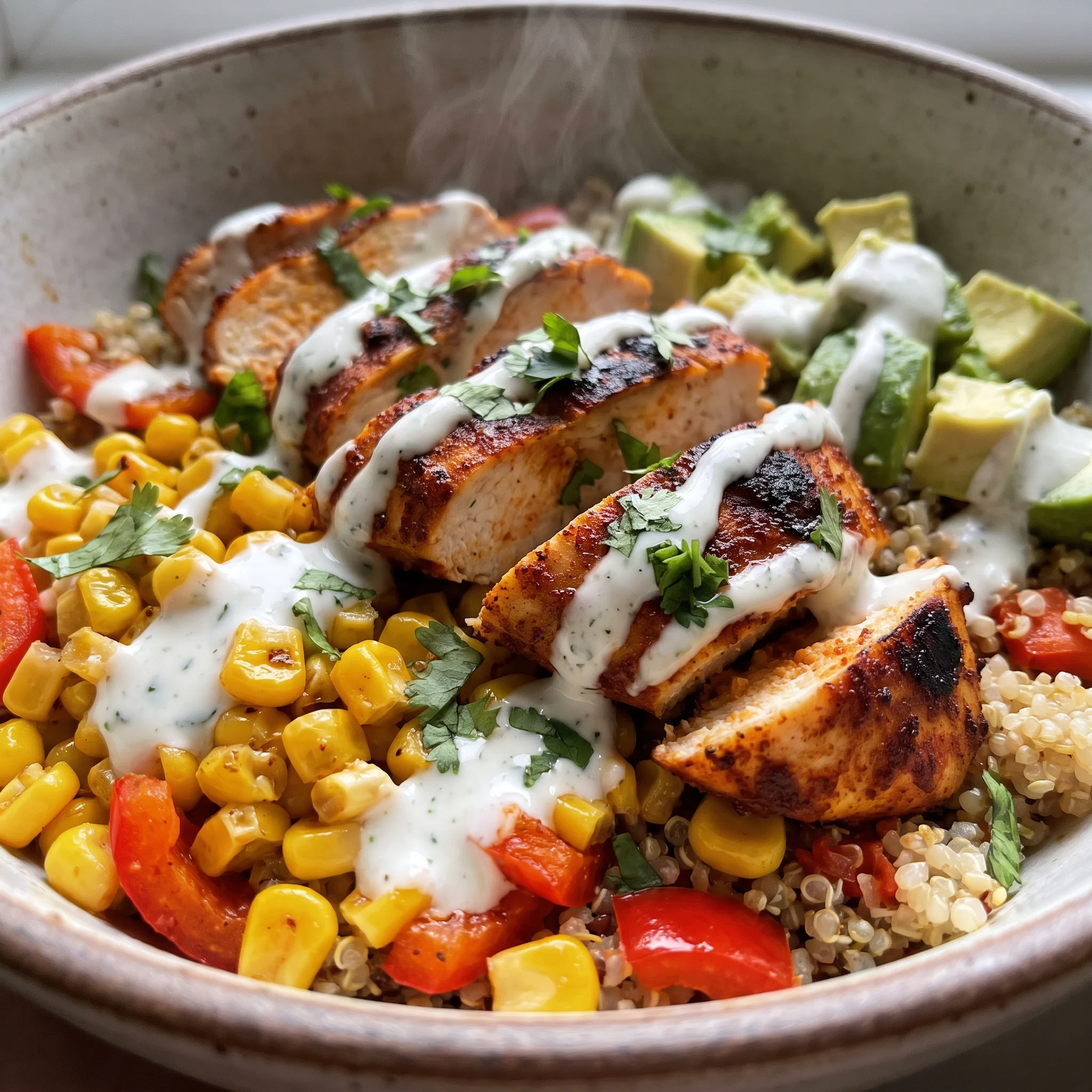 Street corn chicken bowl with grilled chicken, yellow corn, avocado slices, red bell pepper, cilantro, and lime.