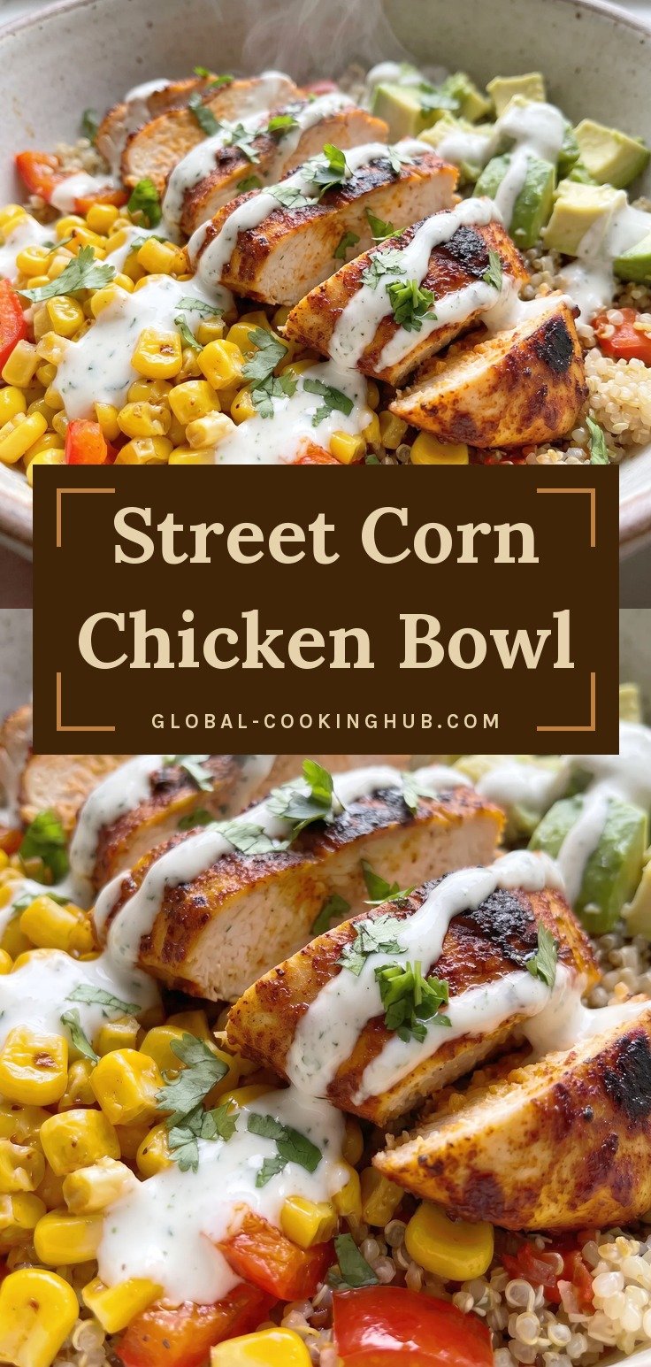 Bowl of sliced grilled chicken, charred corn, red pepper, avocado and cilantro over rice with a creamy drizzle.
