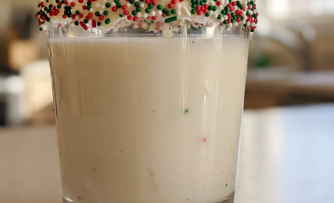 Sugar cookie martini with vanilla frosting rim, sprinkles, and creamy vanilla vodka, Irish cream, and amaretto blend.